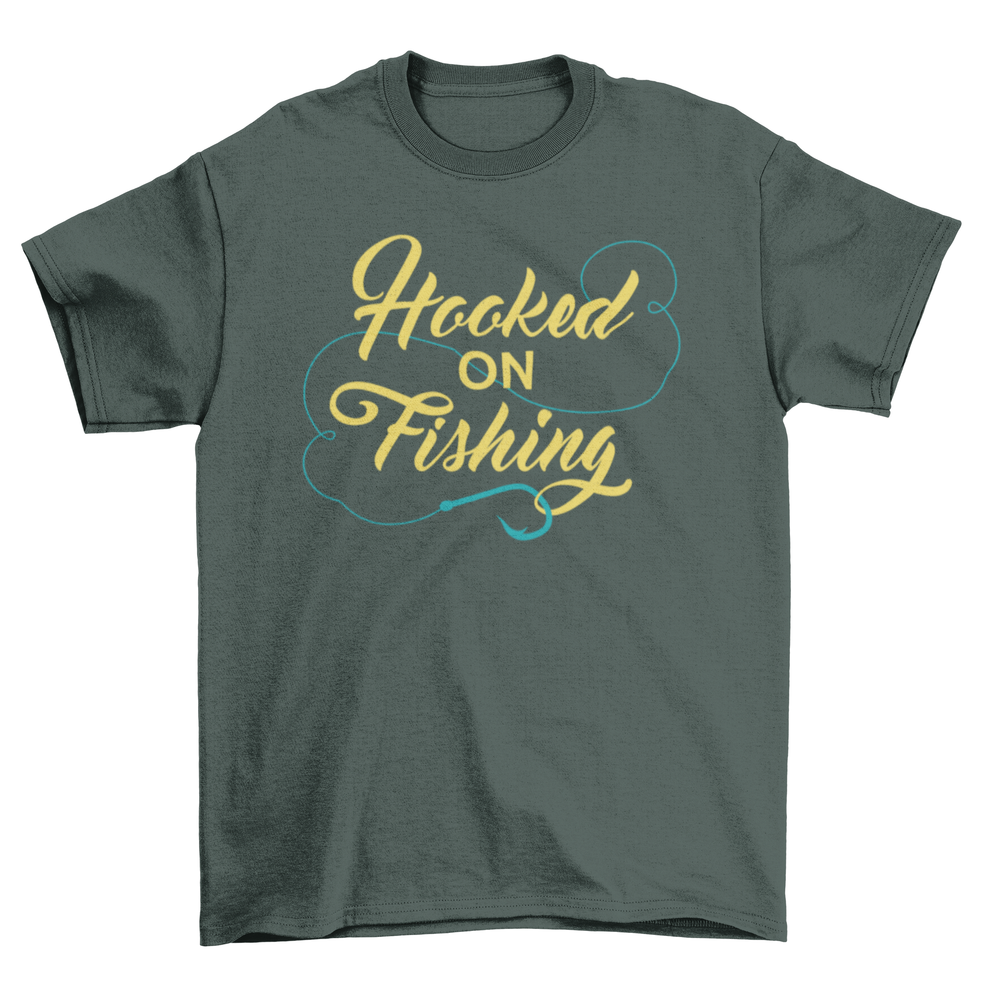 A comfortable Fishing t-shirt featuring the lettering design 'Hooked on Fishing' in a stylish font.