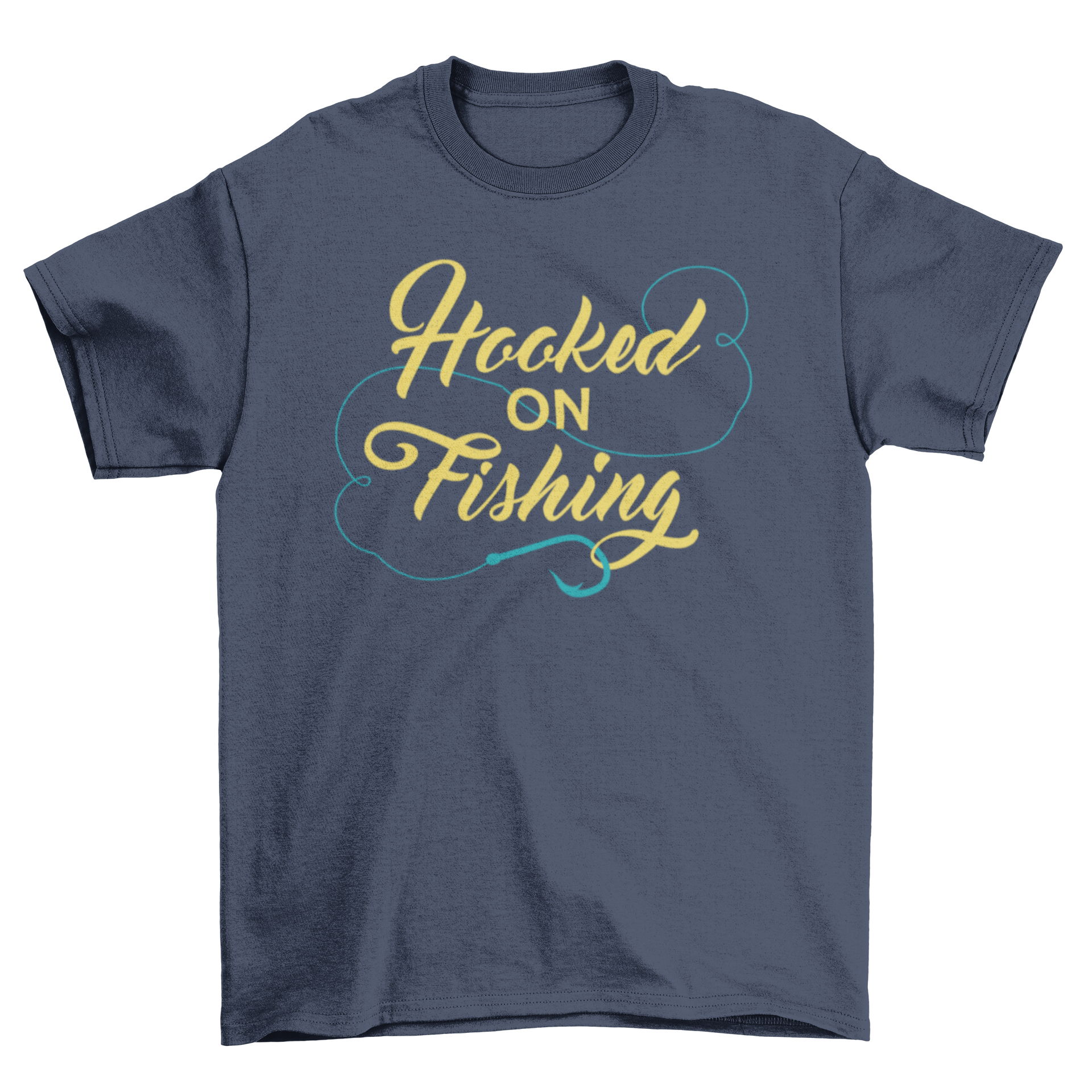 A comfortable Fishing t-shirt featuring the lettering design 'Hooked on Fishing' in a stylish font.