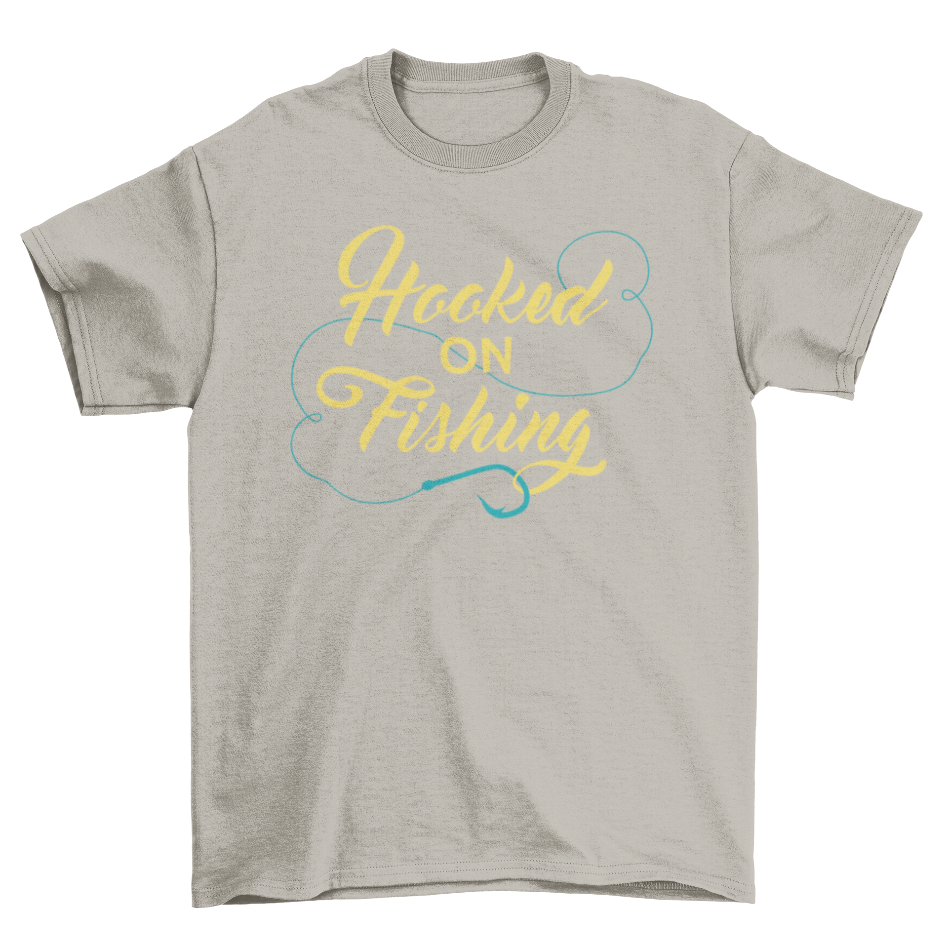 A comfortable Fishing t-shirt featuring the lettering design 'Hooked on Fishing' in a stylish font.