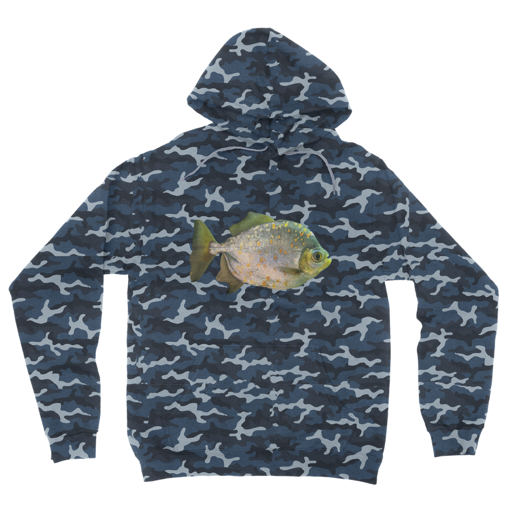 FishwithSpecs Camouflage Adult Hoodie featuring an all-over camo design, double fabric hood, and kangaroo pouch pocket.