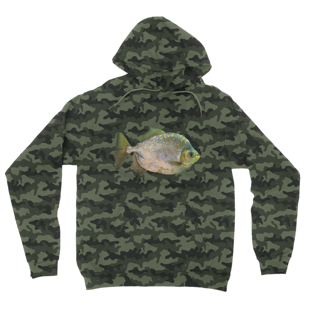 FishwithSpecs Camouflage Adult Hoodie featuring an all-over camo design, double fabric hood, and kangaroo pouch pocket.