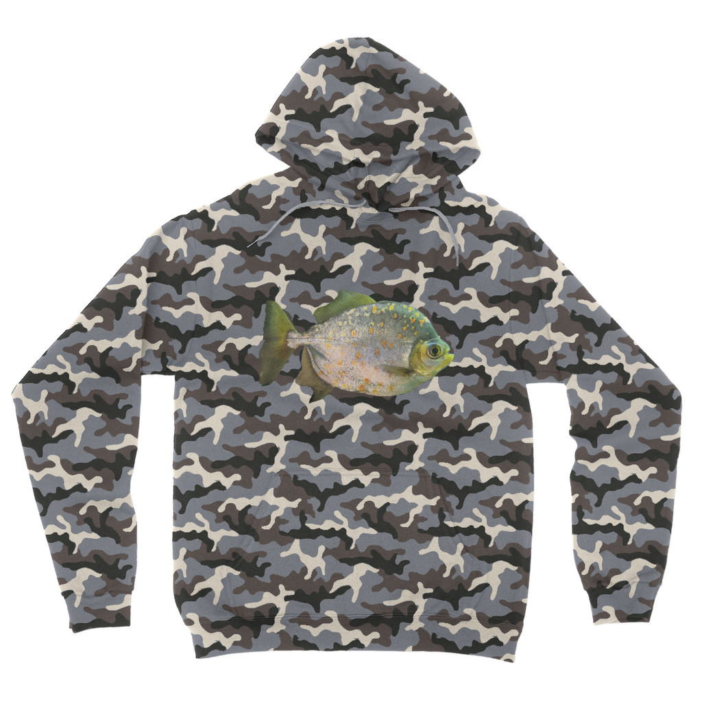 FishwithSpecs Camouflage Adult Hoodie featuring an all-over camo design, double fabric hood, and kangaroo pouch pocket.