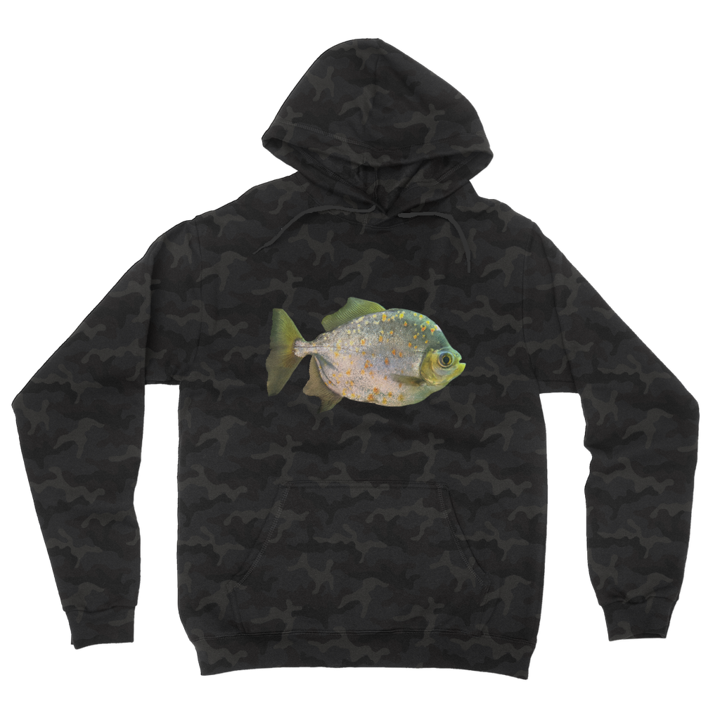 FishwithSpecs Camouflage Adult Hoodie featuring an all-over camo design, double fabric hood, and kangaroo pouch pocket.