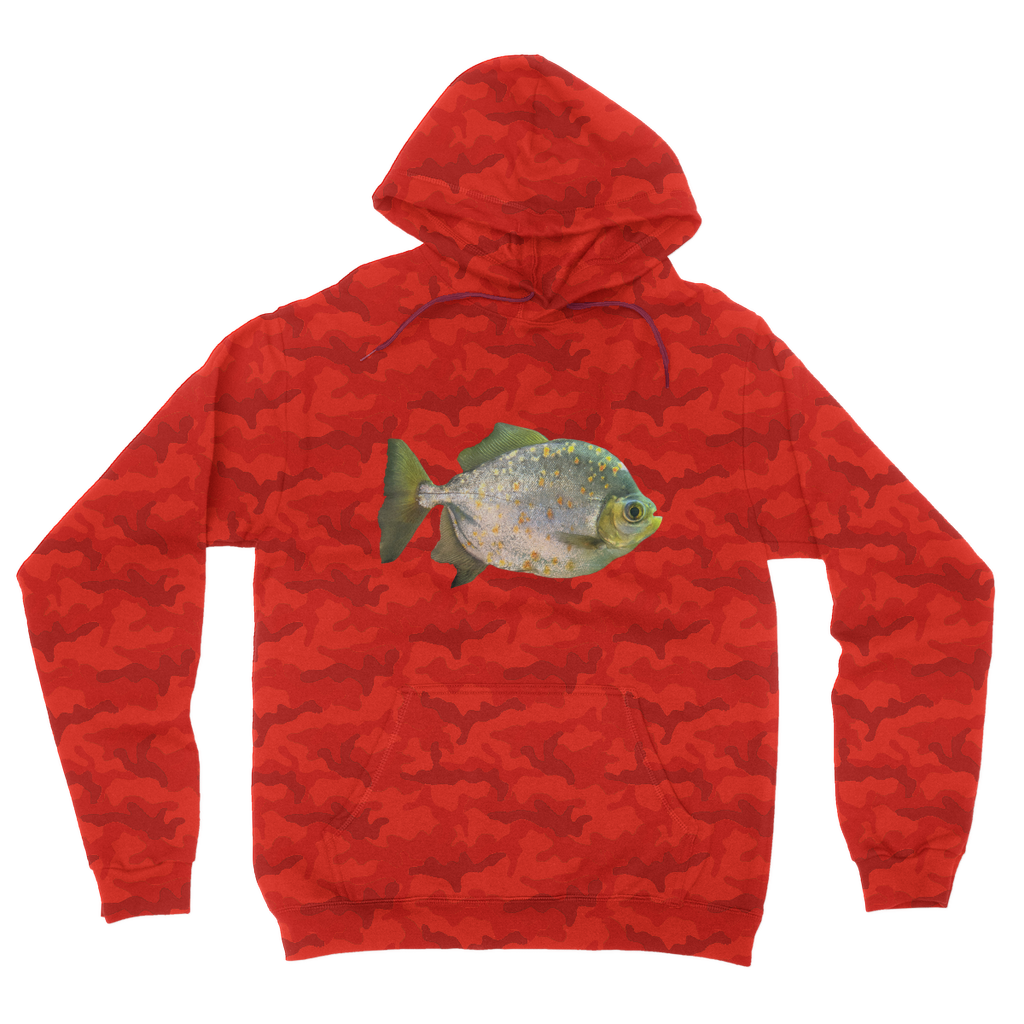 FishwithSpecs Camouflage Adult Hoodie featuring an all-over camo design, double fabric hood, and kangaroo pouch pocket.