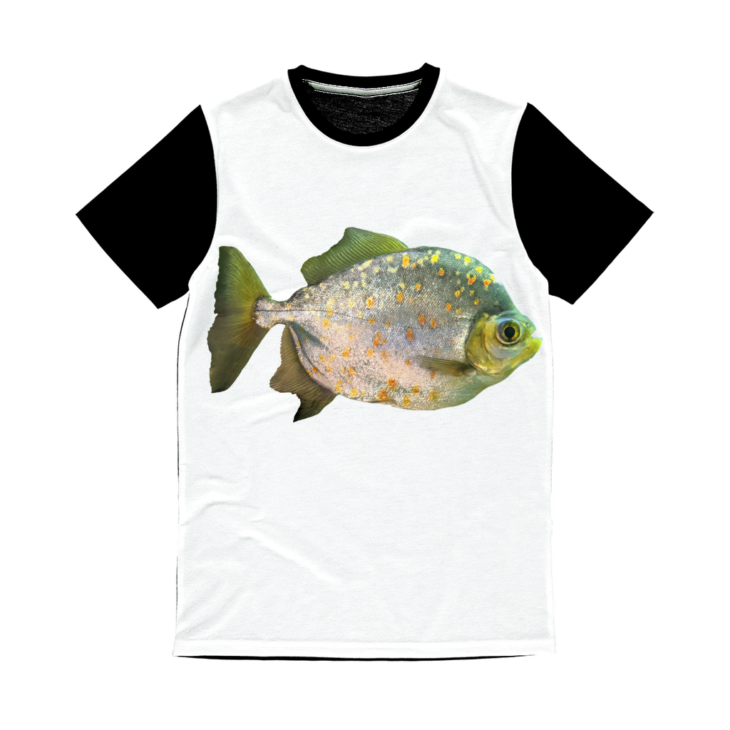 FishwithSpecs Classic Sublimation Panel T-Shirt featuring a vibrant front design and a plain black back, ideal for sublimation printing.