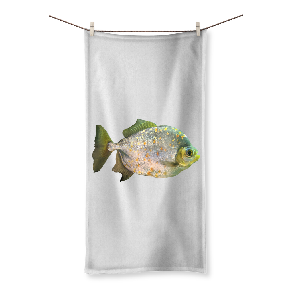 FishwithSpecs Sublimation All Over Towel featuring vibrant prints on one side and soft cotton backing on the other, available in multiple sizes.