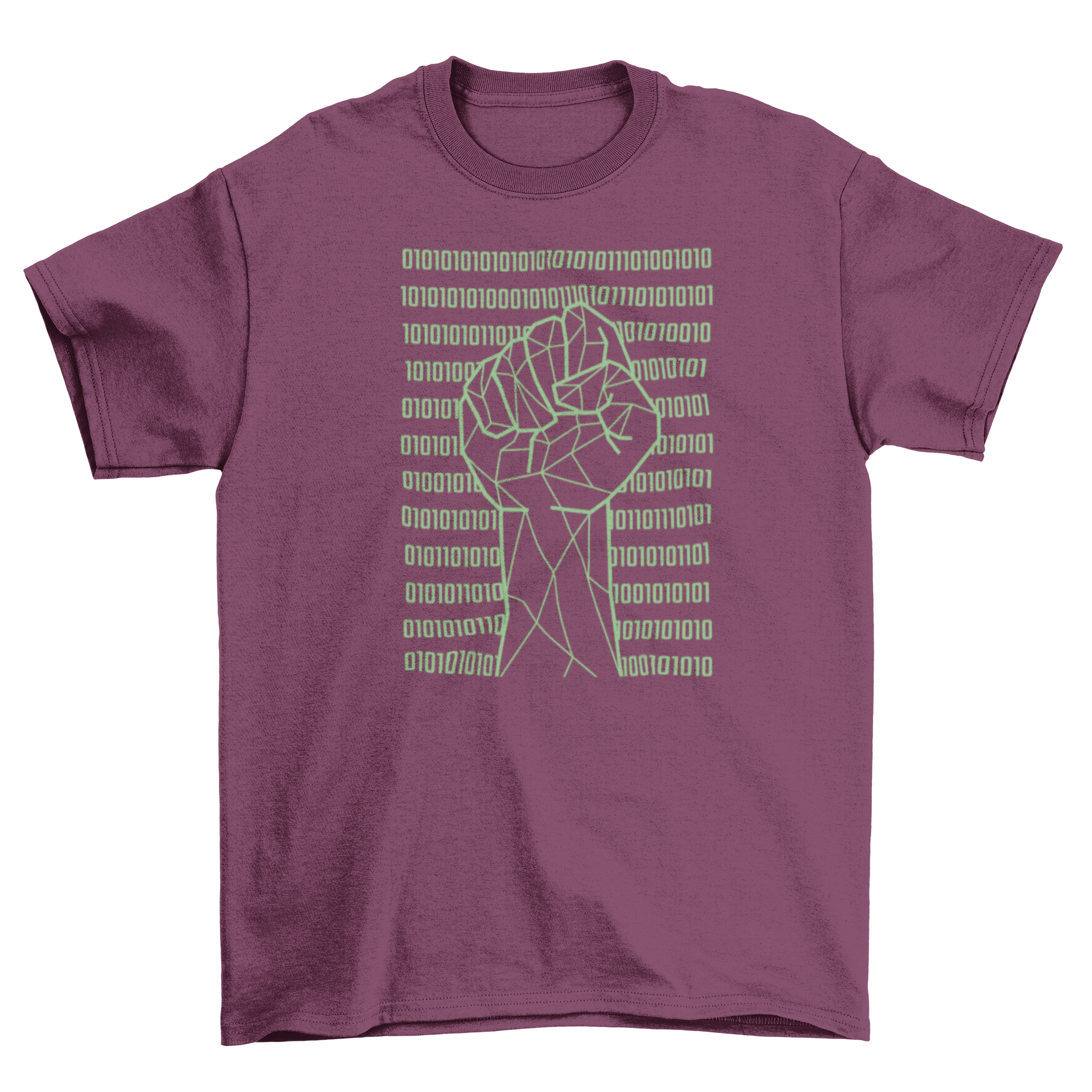 Fist raised in the air over a backdrop of binary code on a stylish t-shirt.