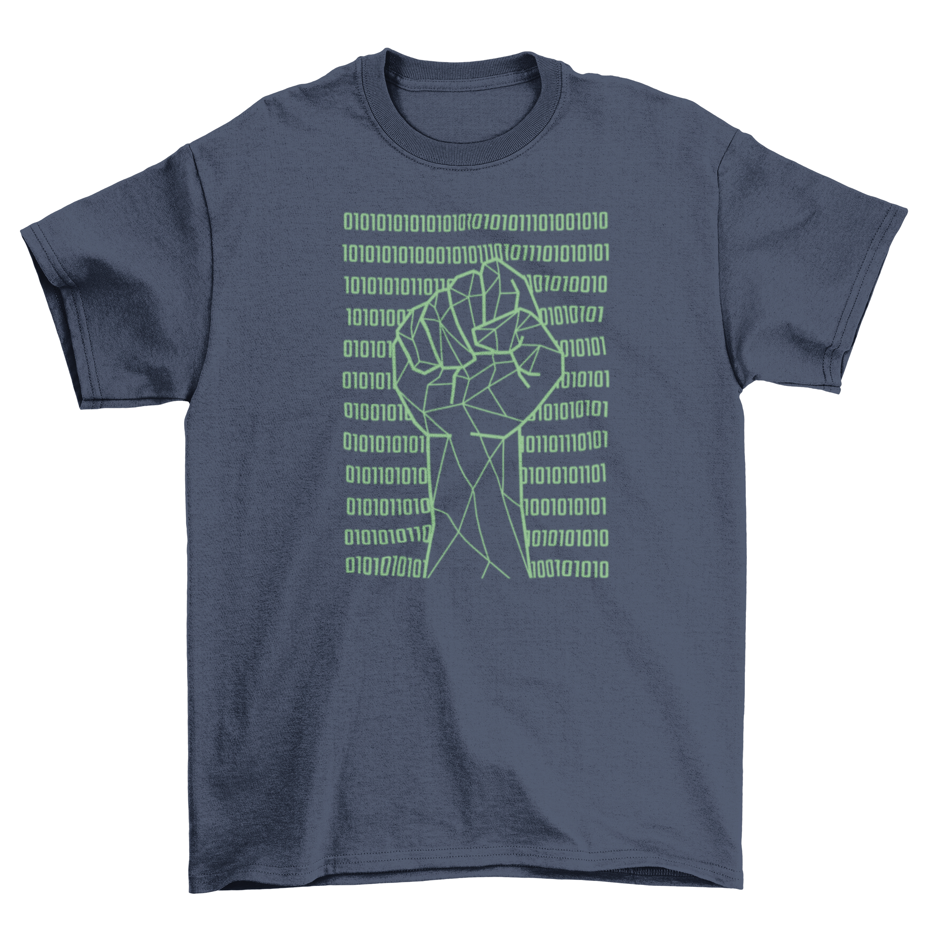 Fist raised in the air over a backdrop of binary code on a stylish t-shirt.