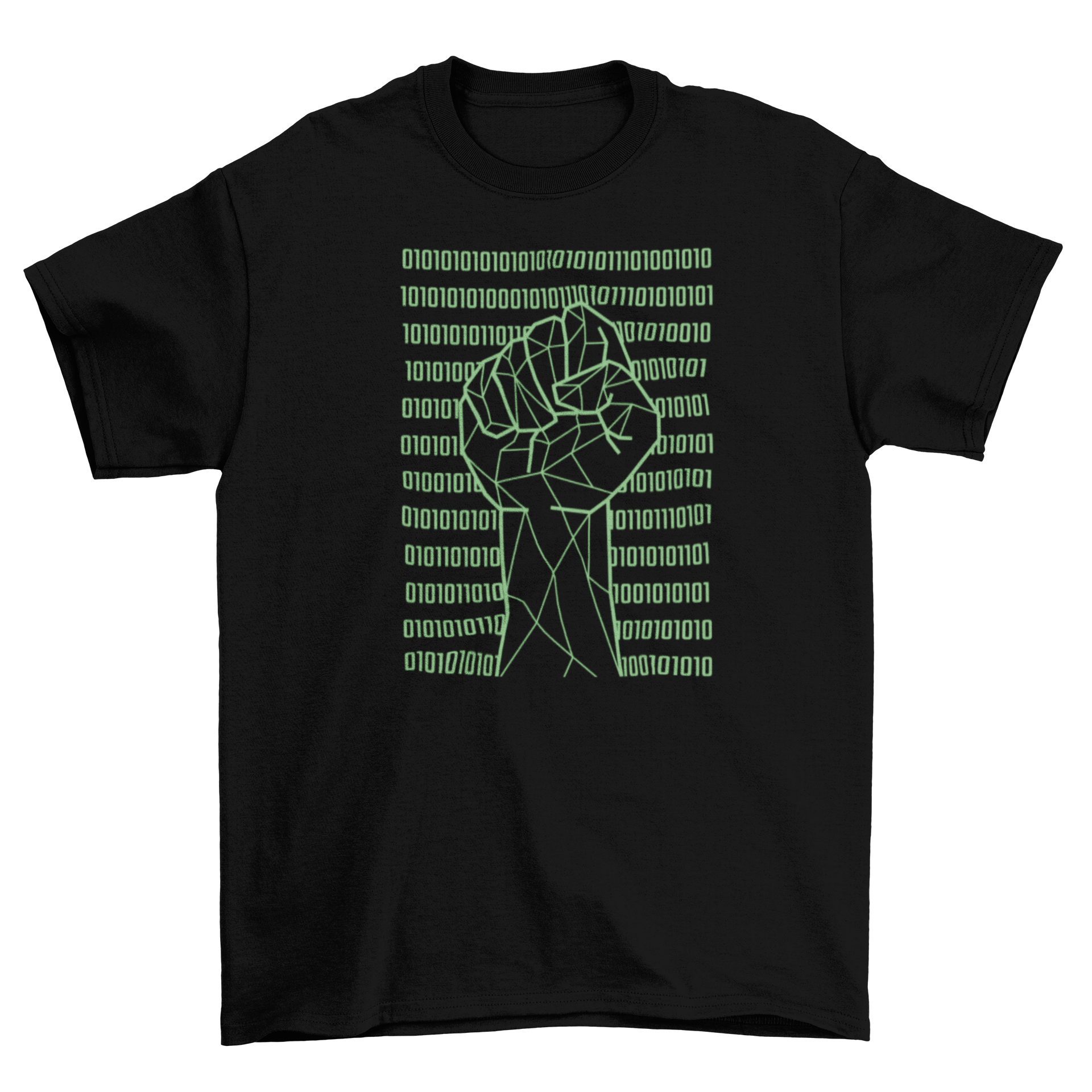 Fist raised in the air over a backdrop of binary code on a stylish t-shirt.