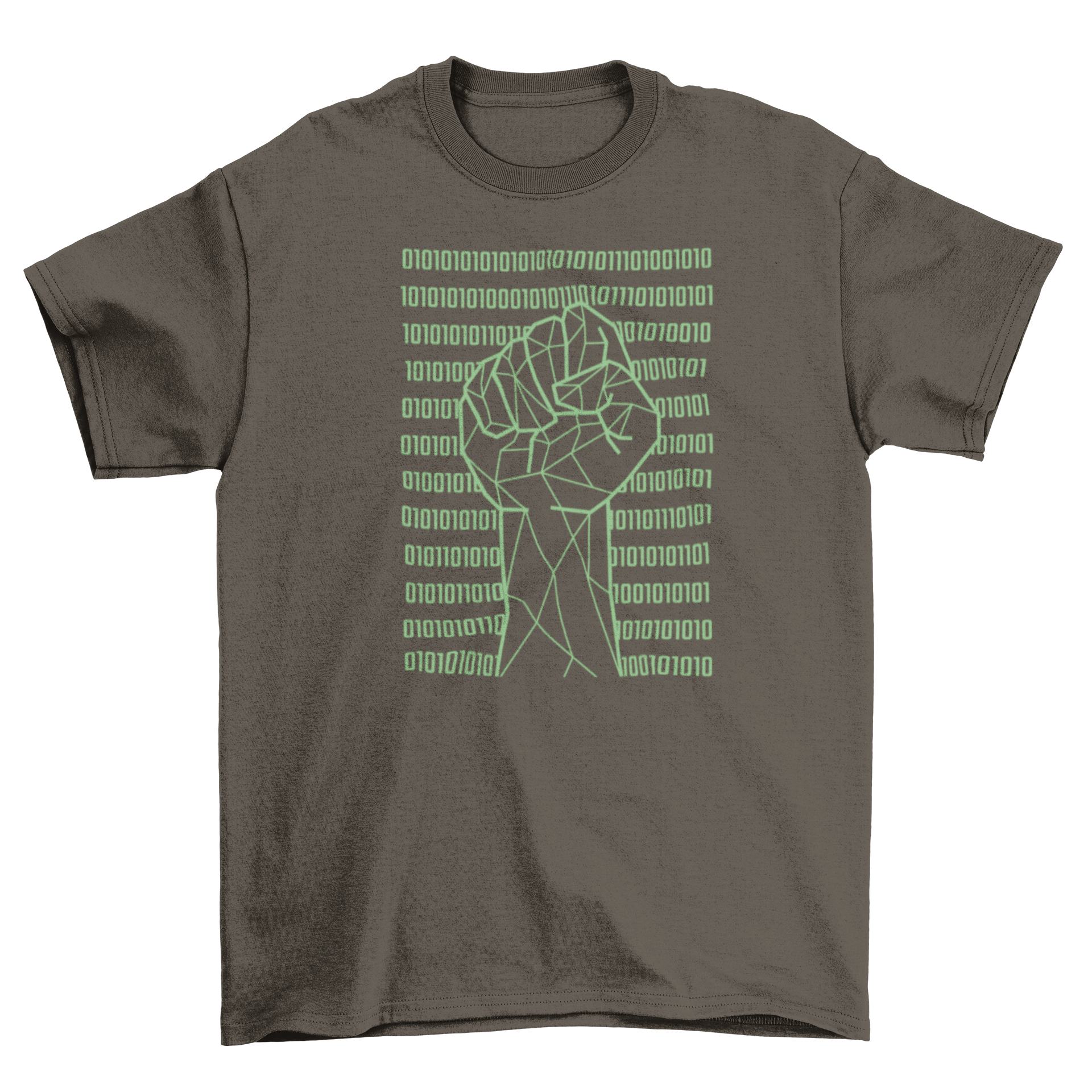 Fist raised in the air over a backdrop of binary code on a stylish t-shirt.