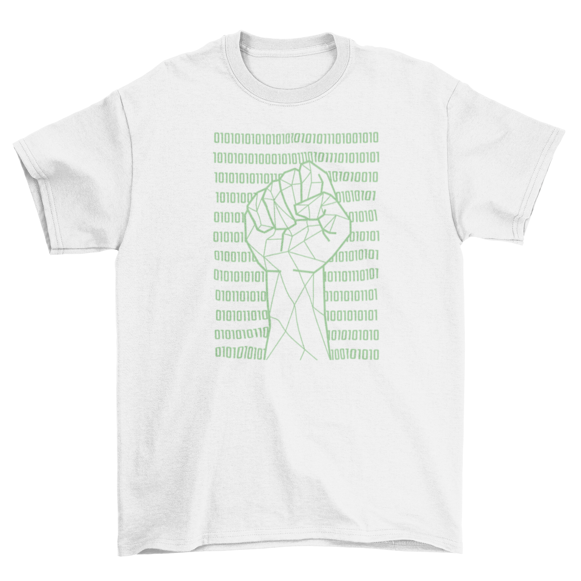 Fist raised in the air over a backdrop of binary code on a stylish t-shirt.