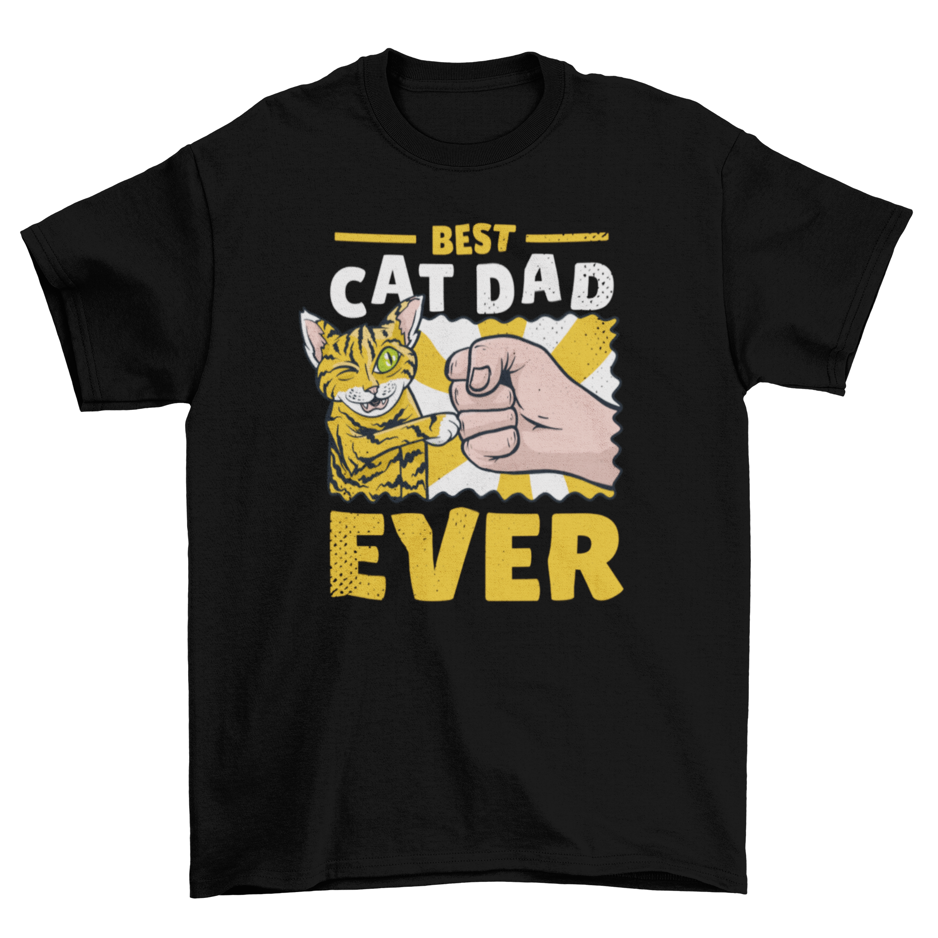 Fist-bumping cat dad t-shirt featuring a cat and human fist bump with the quote 'Best Cat Dad Ever'.