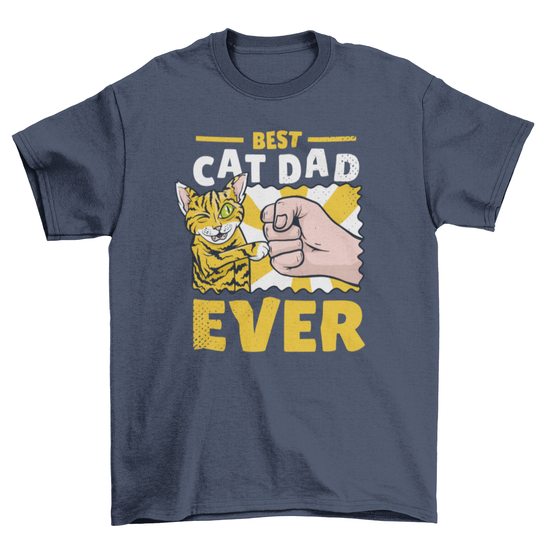 Fist-bumping cat dad t-shirt featuring a cat and human fist bump with the quote 'Best Cat Dad Ever'.