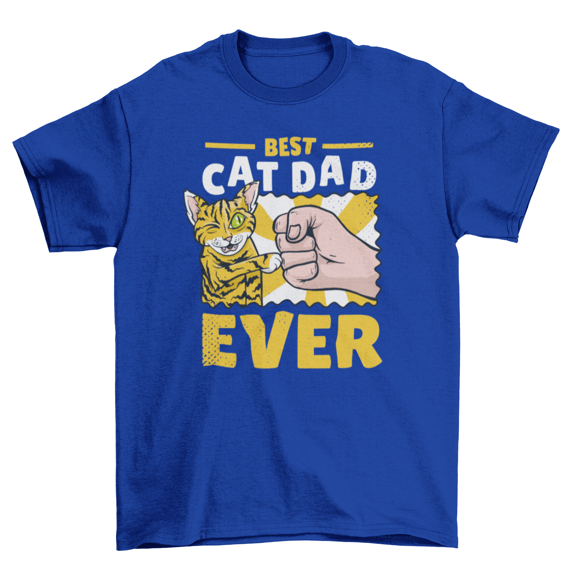 Fist-bumping cat dad t-shirt featuring a cat and human fist bump with the quote 'Best Cat Dad Ever'.