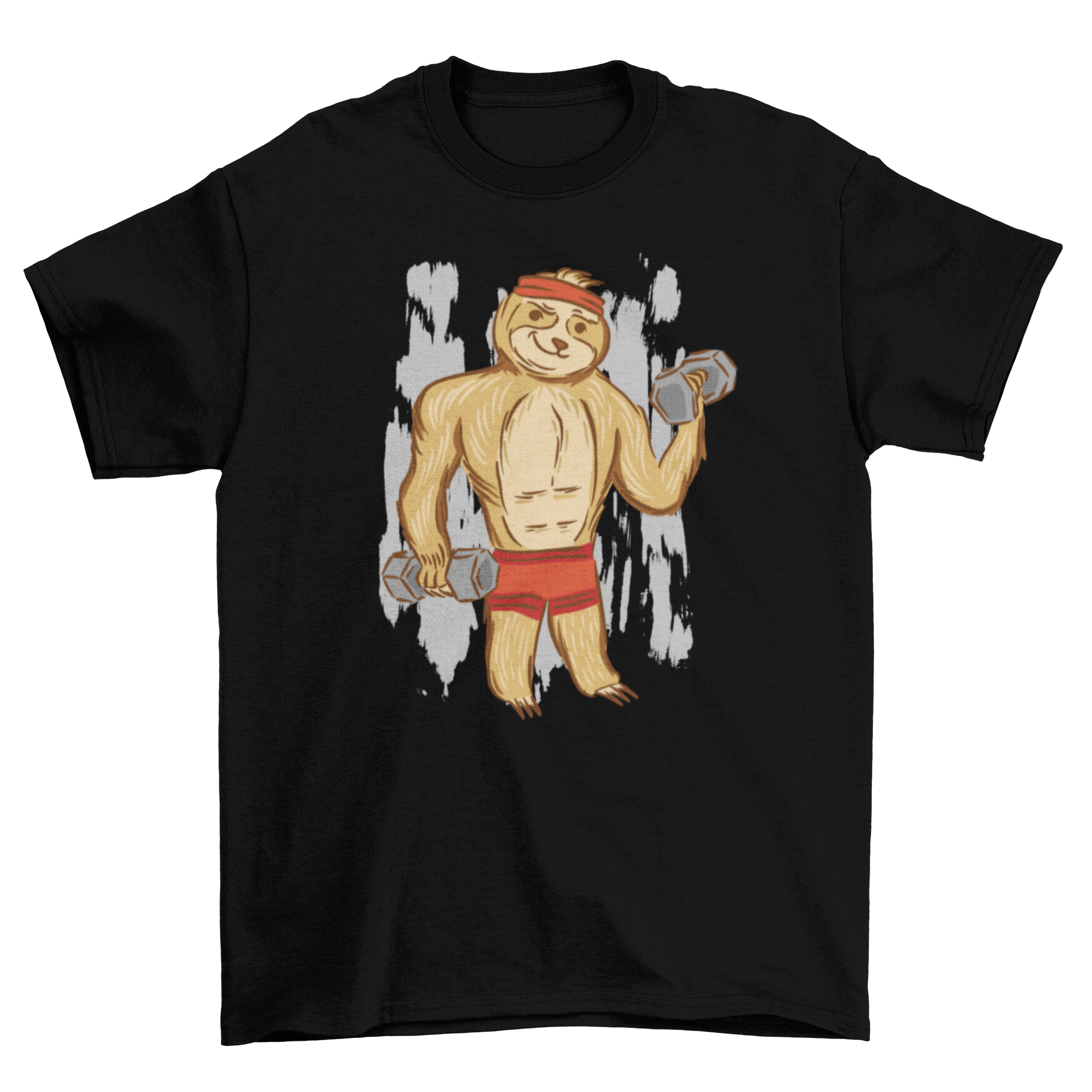 A playful Fitness Sloth T-shirt featuring a sloth lifting dumbbells, perfect for fitness enthusiasts.