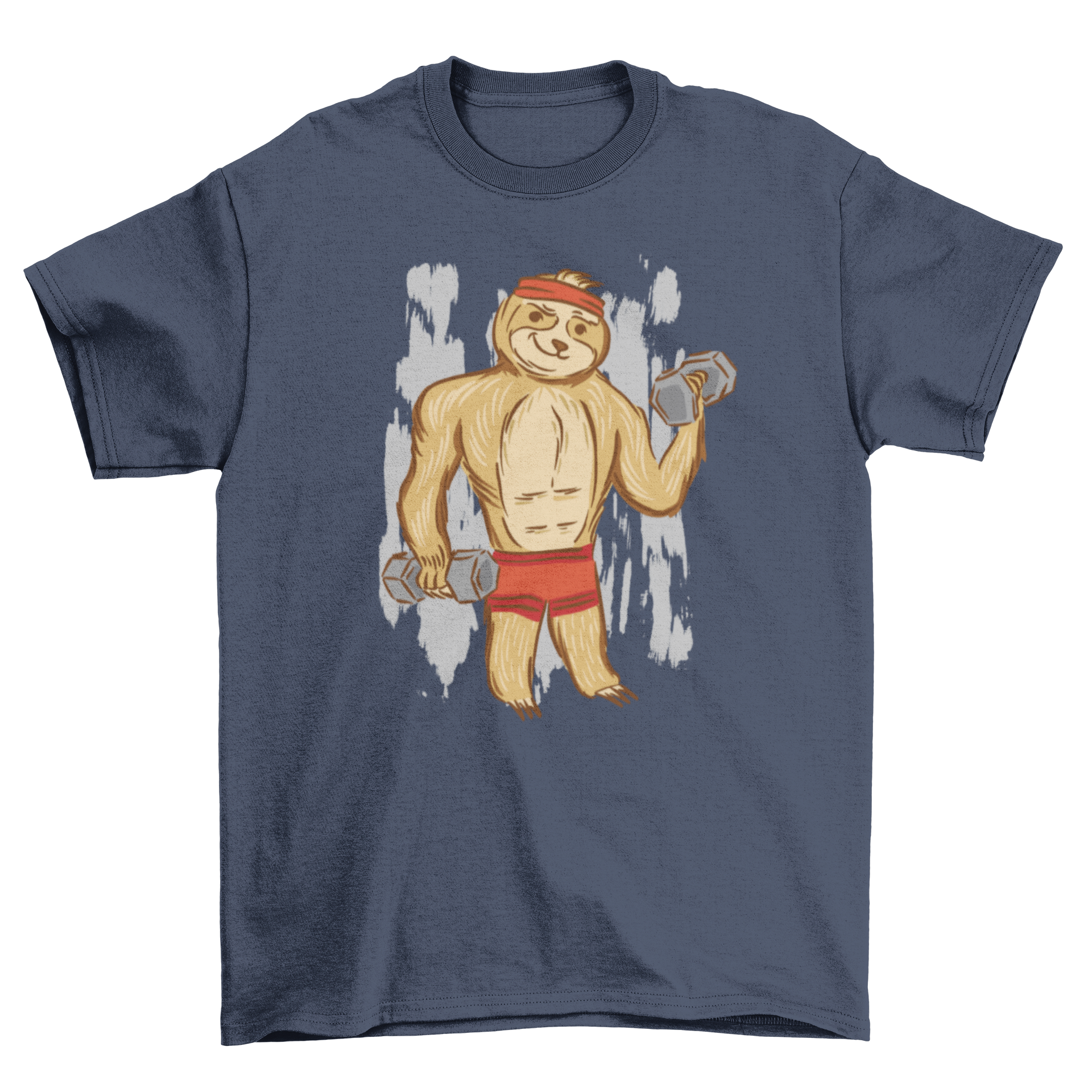 A playful Fitness Sloth T-shirt featuring a sloth lifting dumbbells, perfect for fitness enthusiasts.