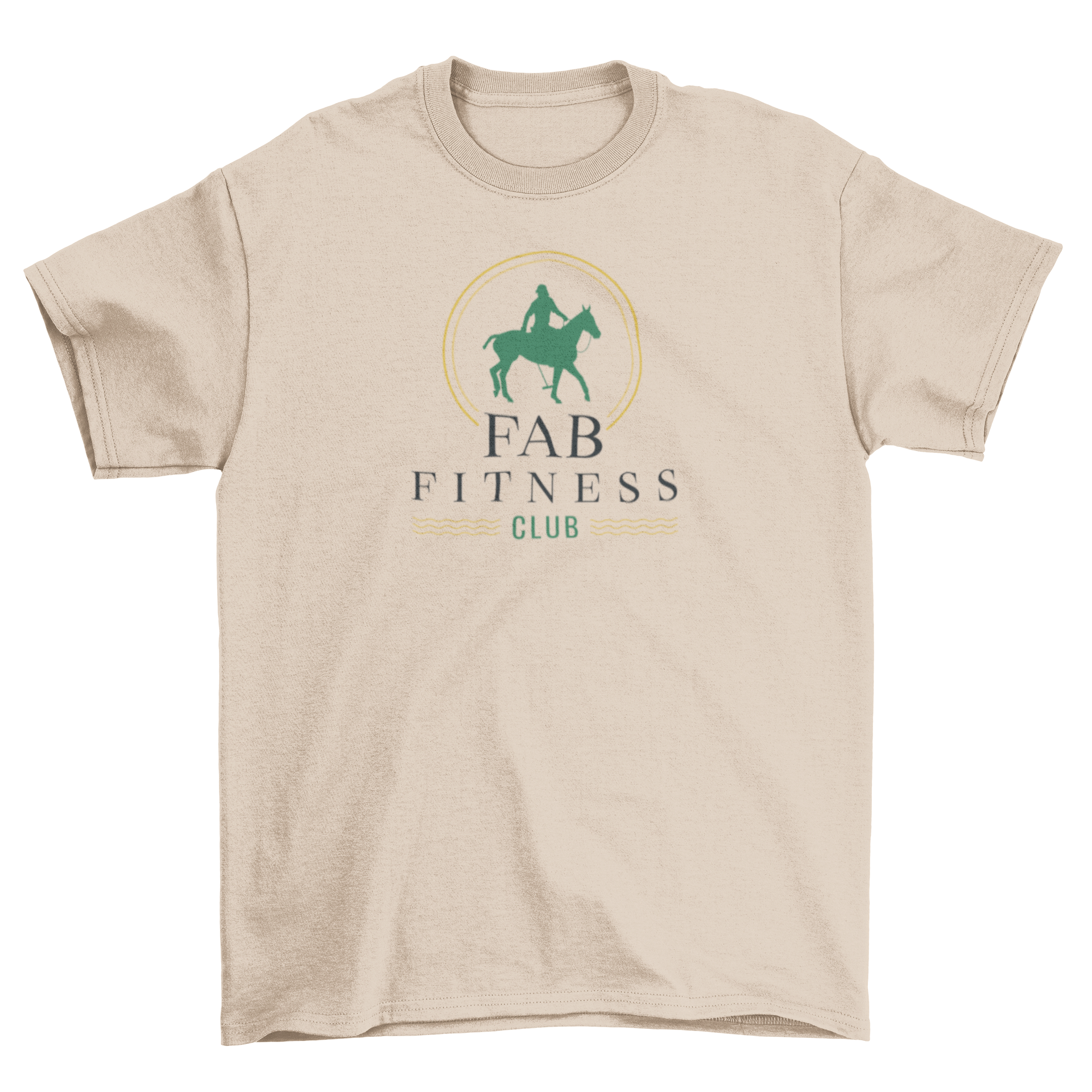 Fitness Sport Quote T-Shirt featuring a silhouette of a man riding a horse with the quote 'Fab fitness club'.