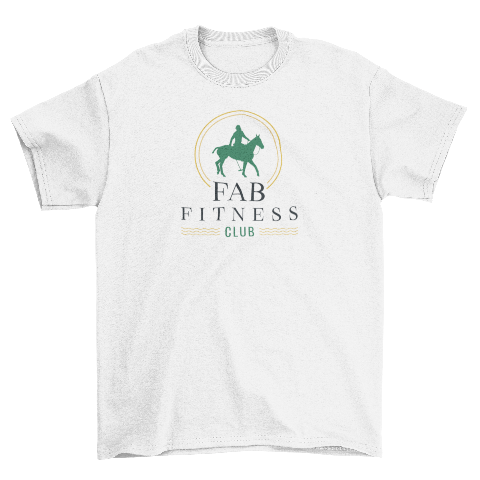 Fitness Sport Quote T-Shirt featuring a silhouette of a man riding a horse with the quote 'Fab fitness club'.