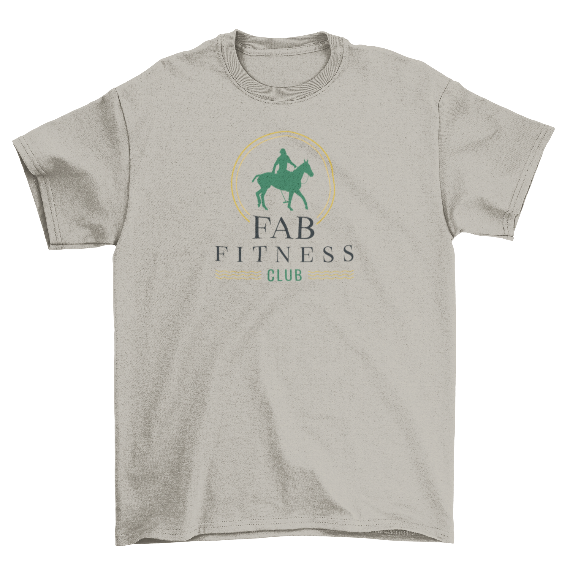 Fitness Sport Quote T-Shirt featuring a silhouette of a man riding a horse with the quote 'Fab fitness club'.