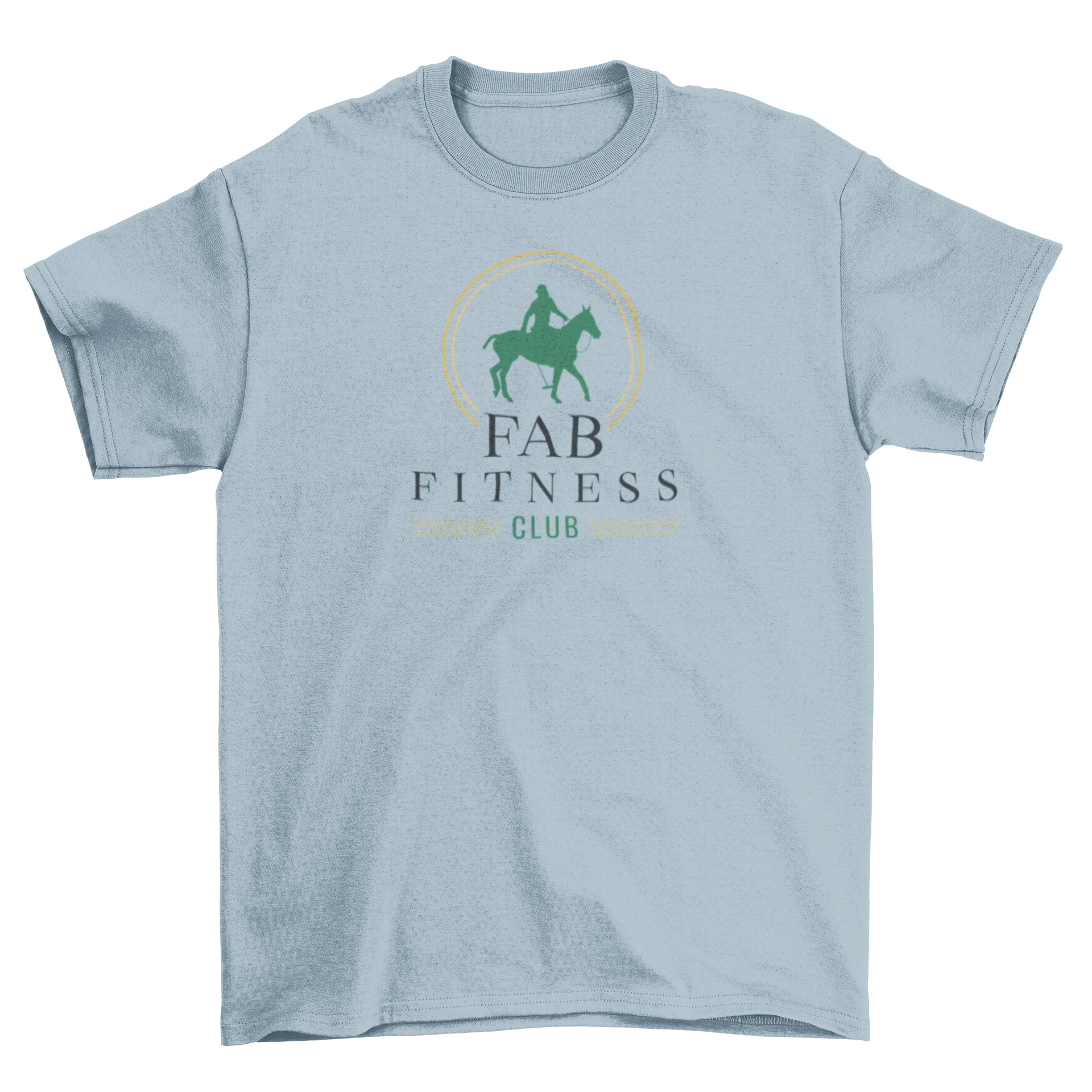 Fitness Sport Quote T-Shirt featuring a silhouette of a man riding a horse with the quote 'Fab fitness club'.