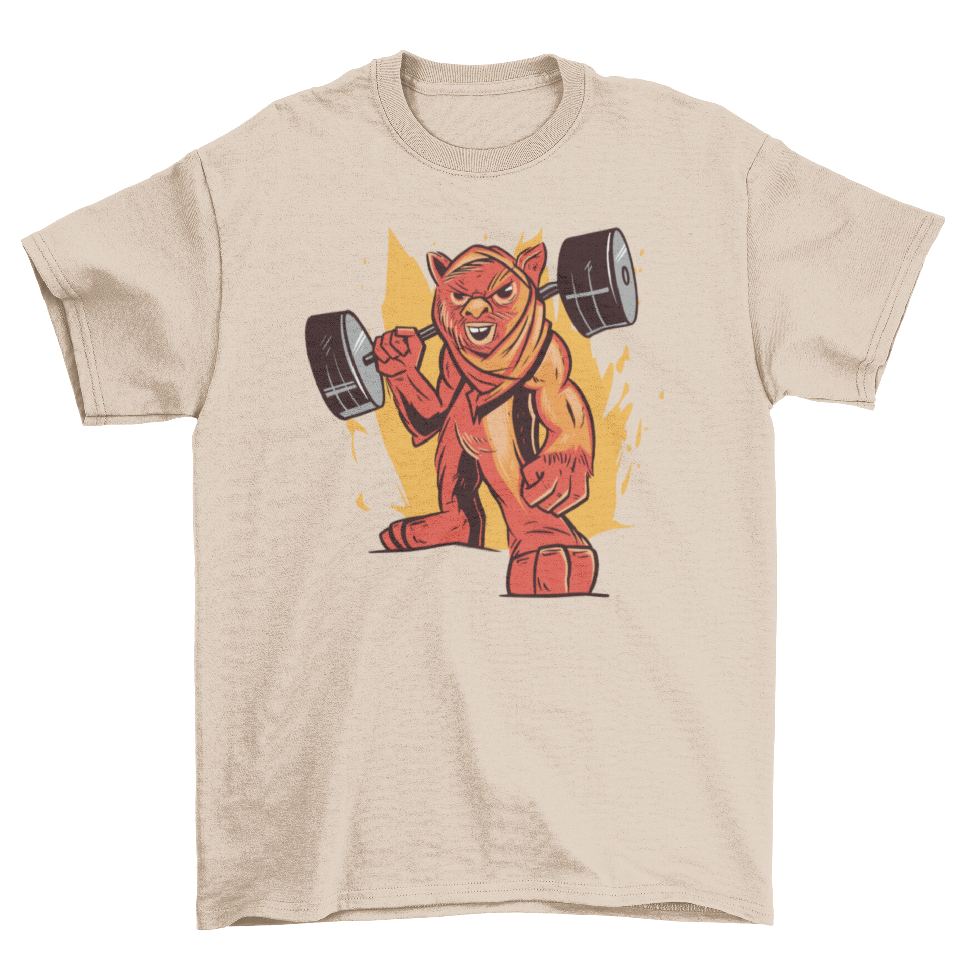 Fitness weightlifting t-shirt featuring a creature lifting weights, designed for gym enthusiasts.