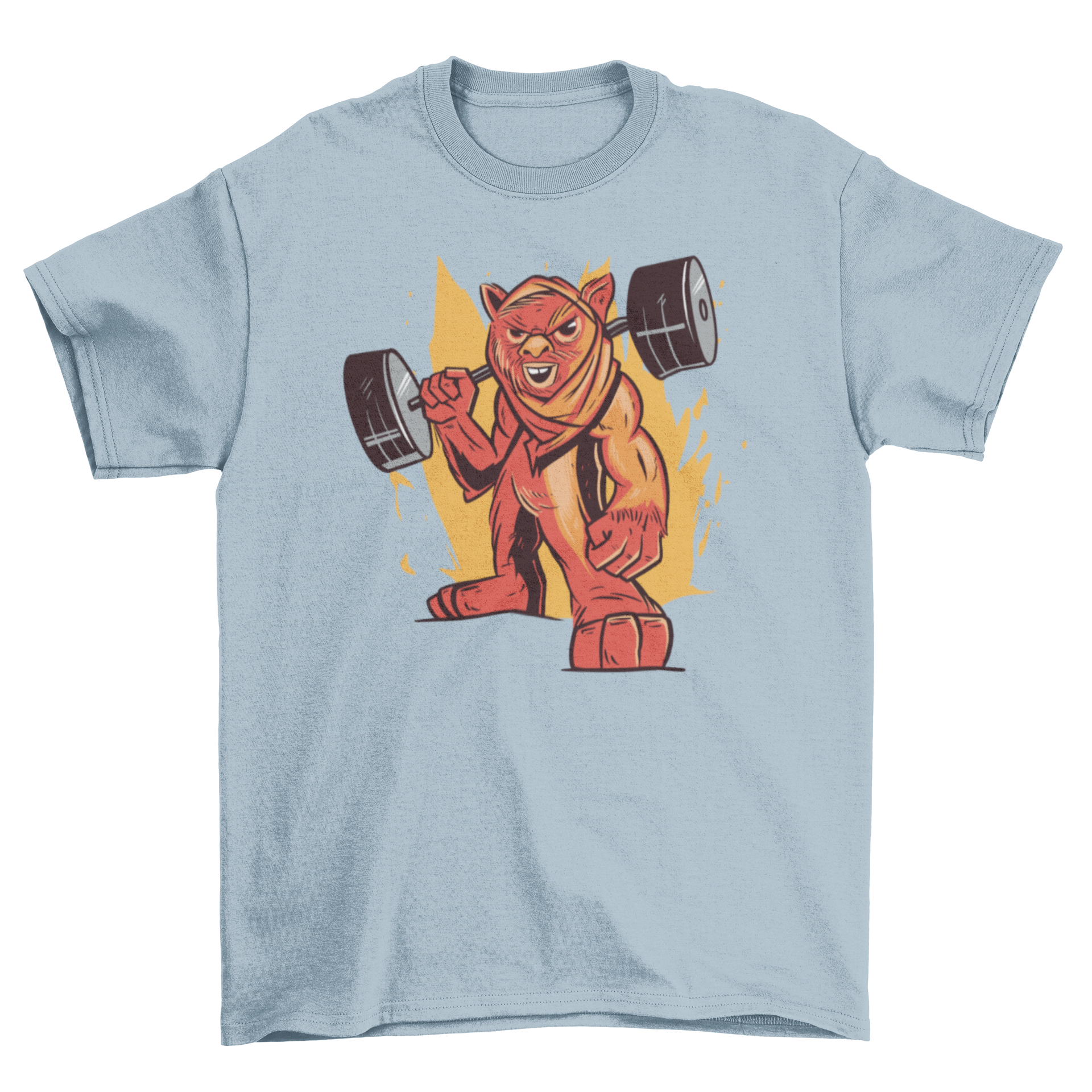 Fitness weightlifting t-shirt featuring a creature lifting weights, designed for gym enthusiasts.