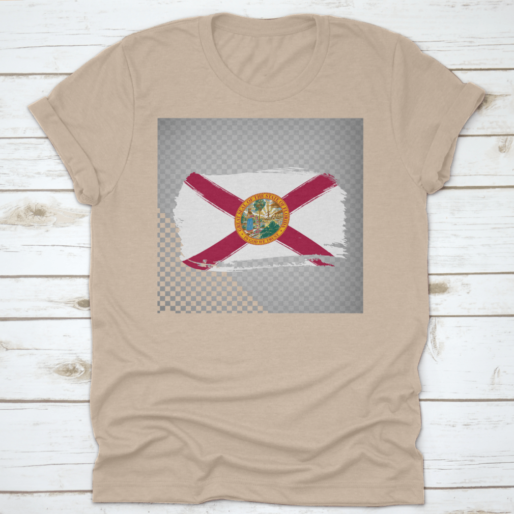 A stylish t-shirt featuring the Flag of Florida with a unique brush stroke design, made from 100% cotton for comfort.