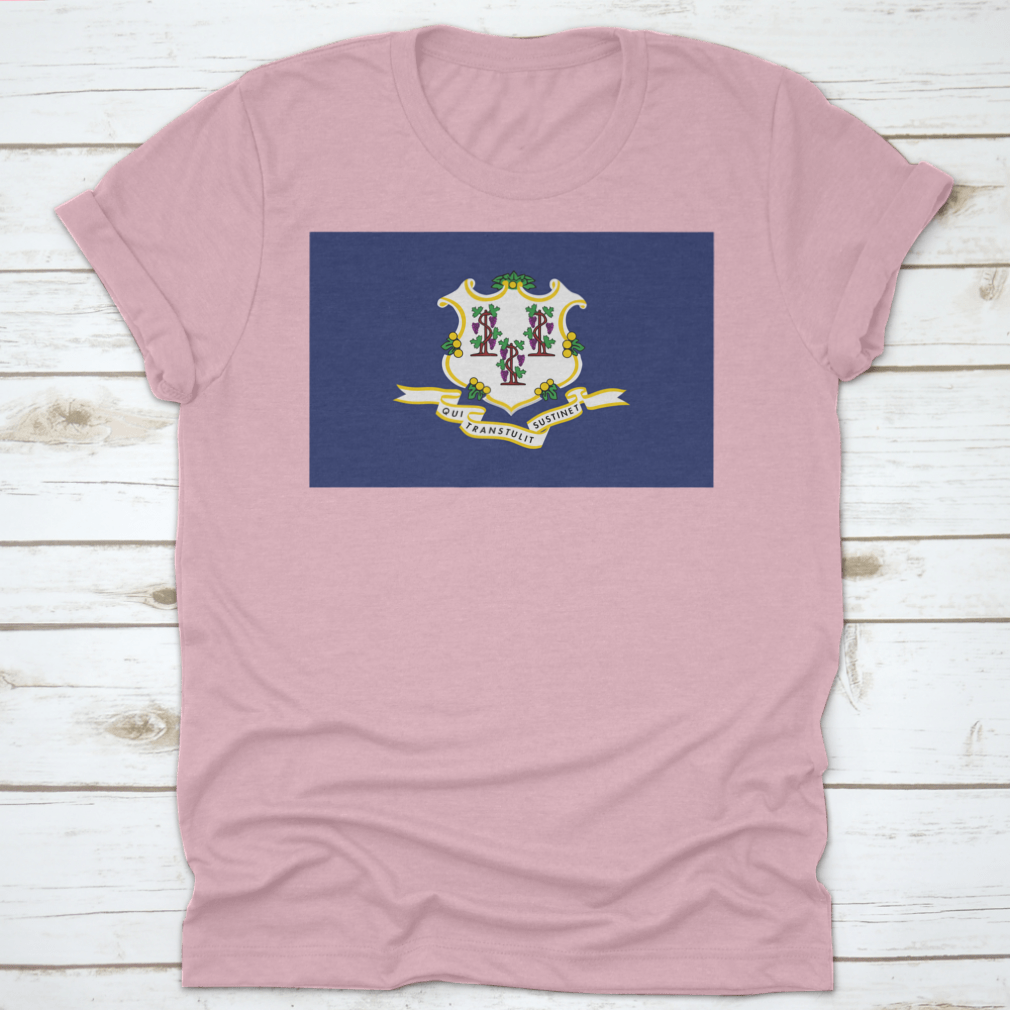 A stylish travel city landmark shirt featuring the flag of Connecticut, made from high-quality cotton for comfort and durability.