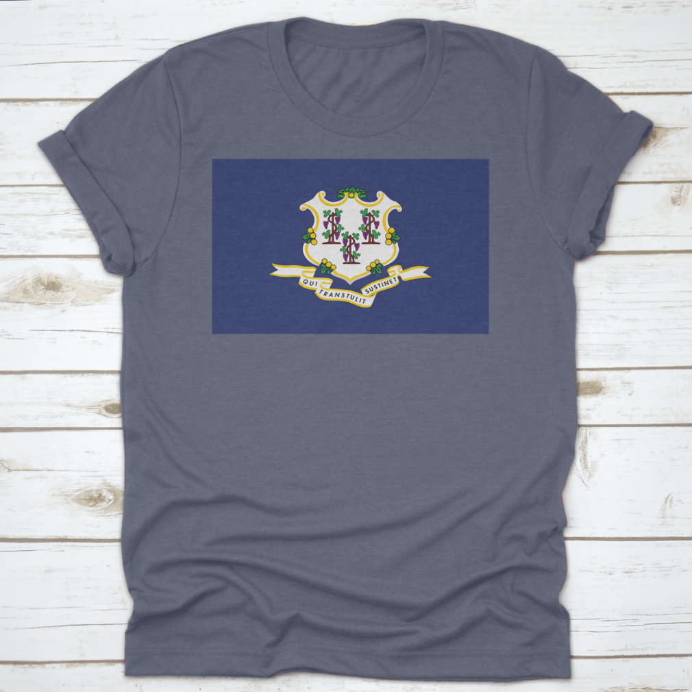 A stylish travel city landmark shirt featuring the flag of Connecticut, made from high-quality cotton for comfort and durability.