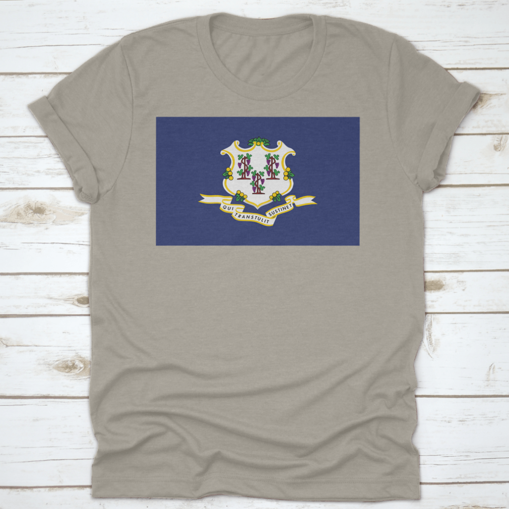 A stylish travel city landmark shirt featuring the flag of Connecticut, made from high-quality cotton for comfort and durability.