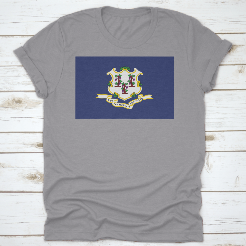 A stylish travel city landmark shirt featuring the flag of Connecticut, made from high-quality cotton for comfort and durability.