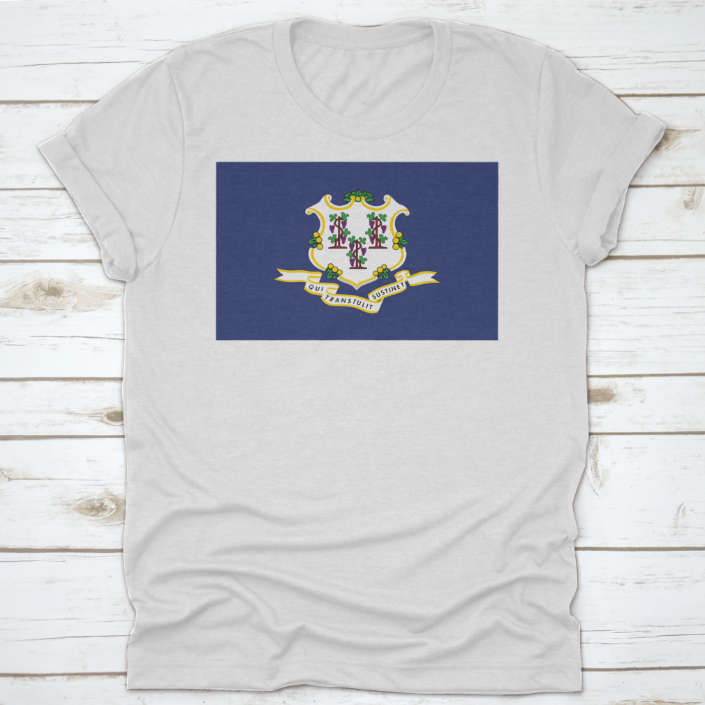 A stylish travel city landmark shirt featuring the flag of Connecticut, made from high-quality cotton for comfort and durability.