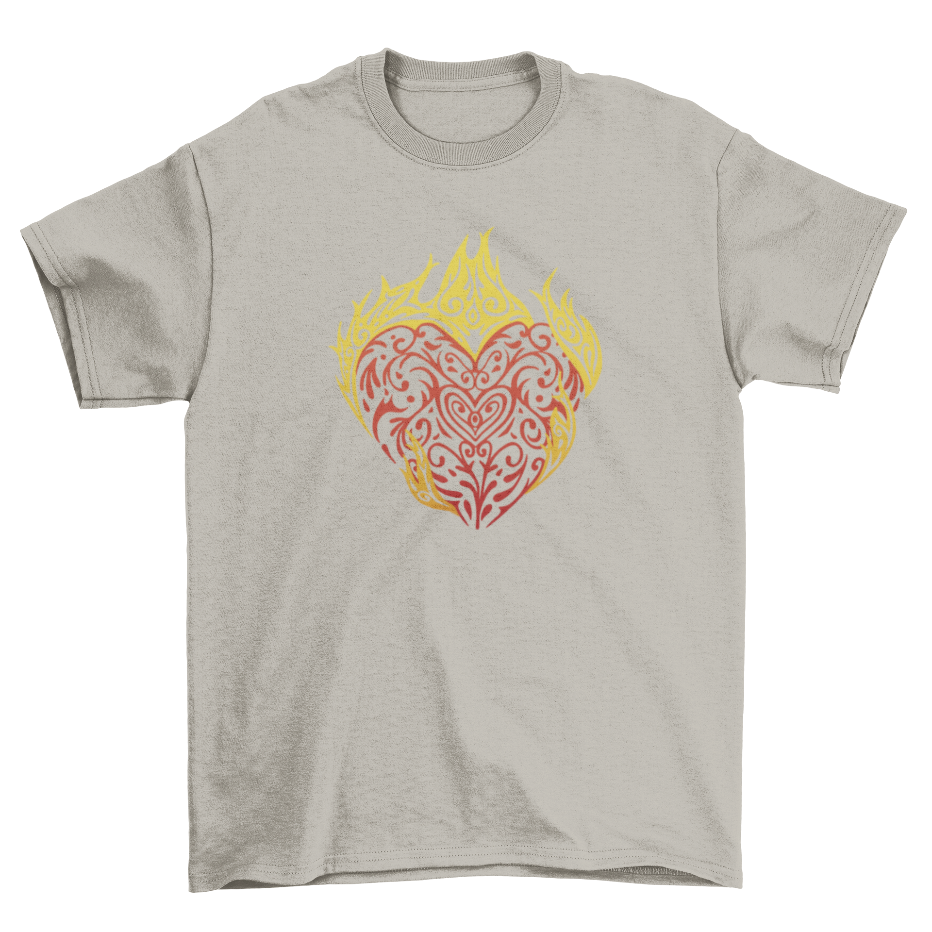 A vibrant tribal t-shirt featuring a flaming heart design, showcasing bold colors and intricate patterns.