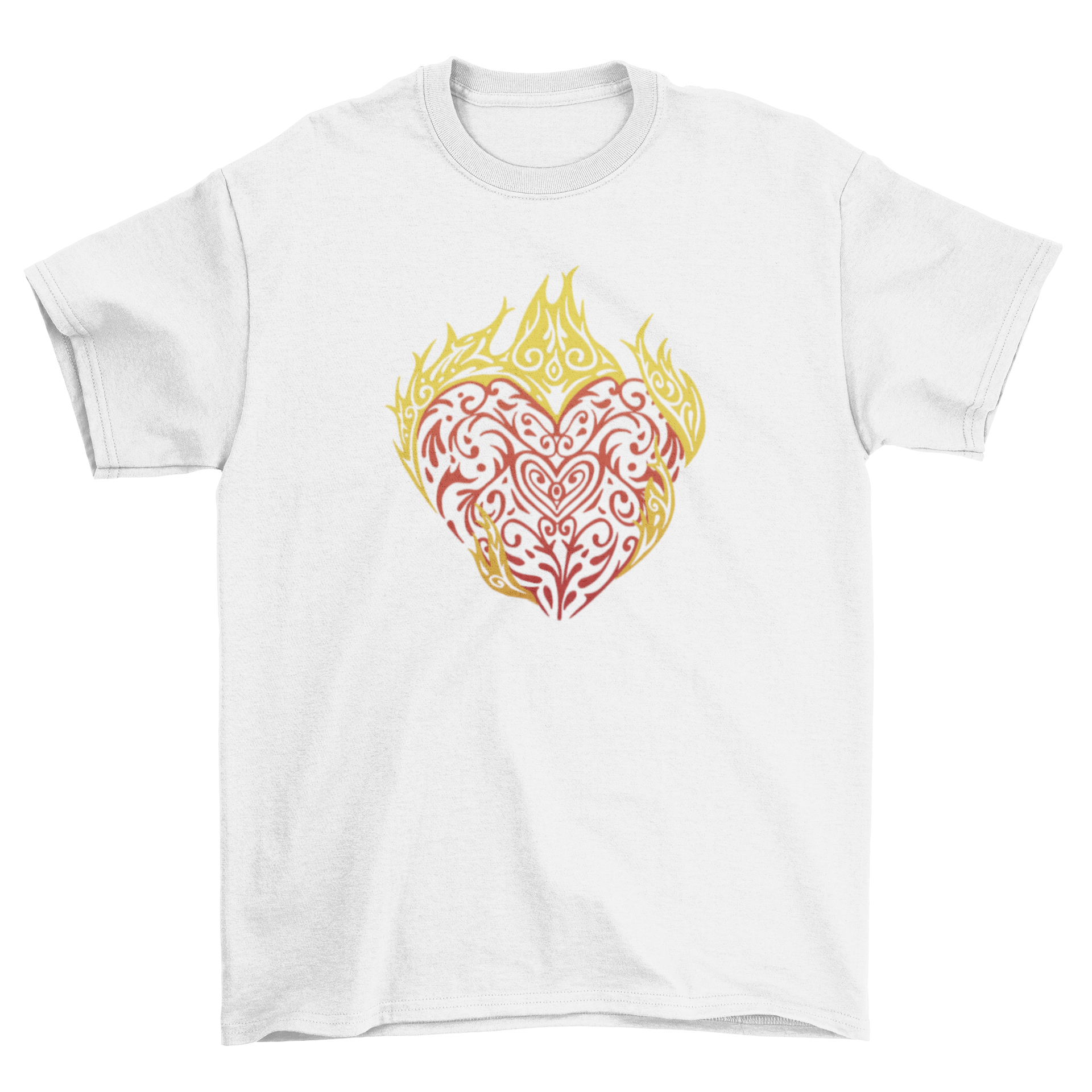 A vibrant tribal t-shirt featuring a flaming heart design, showcasing bold colors and intricate patterns.