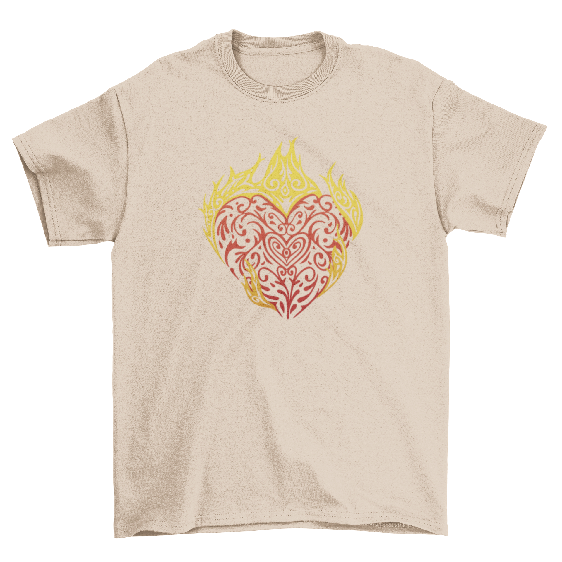 A vibrant tribal t-shirt featuring a flaming heart design, showcasing bold colors and intricate patterns.