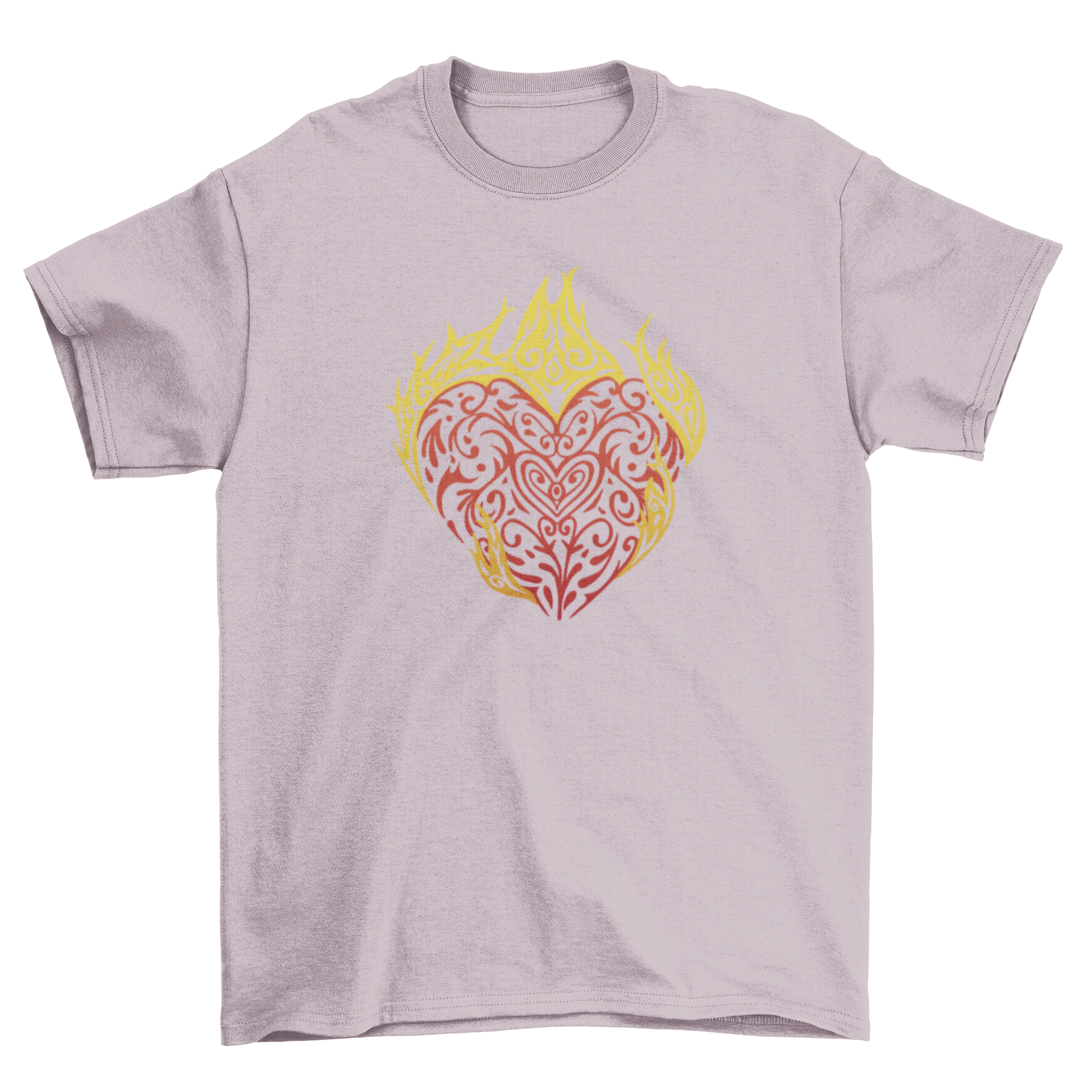 A vibrant tribal t-shirt featuring a flaming heart design, showcasing bold colors and intricate patterns.