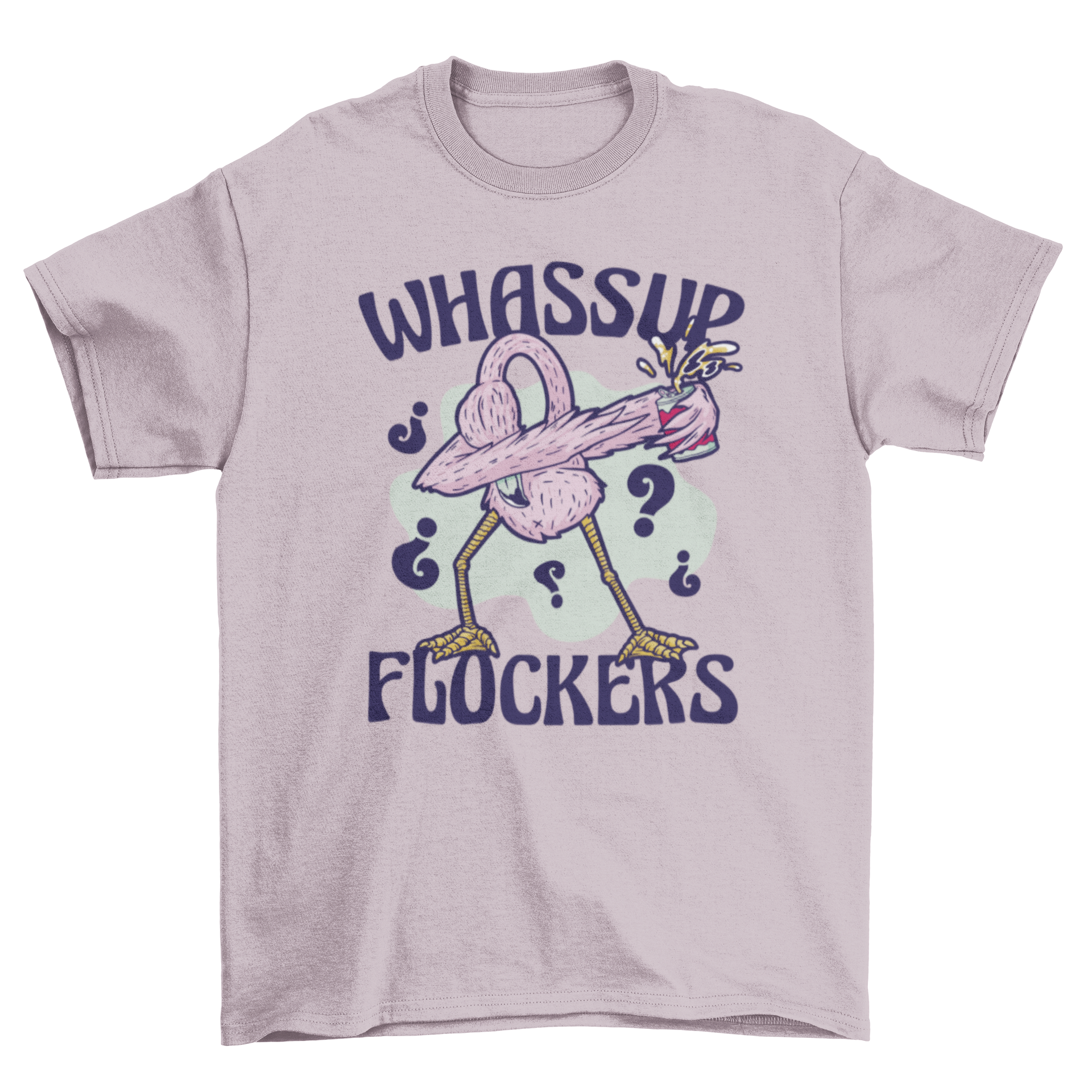 A vibrant pink t-shirt featuring a flamingo dabbing with a beer, showcasing a fun and humorous design.