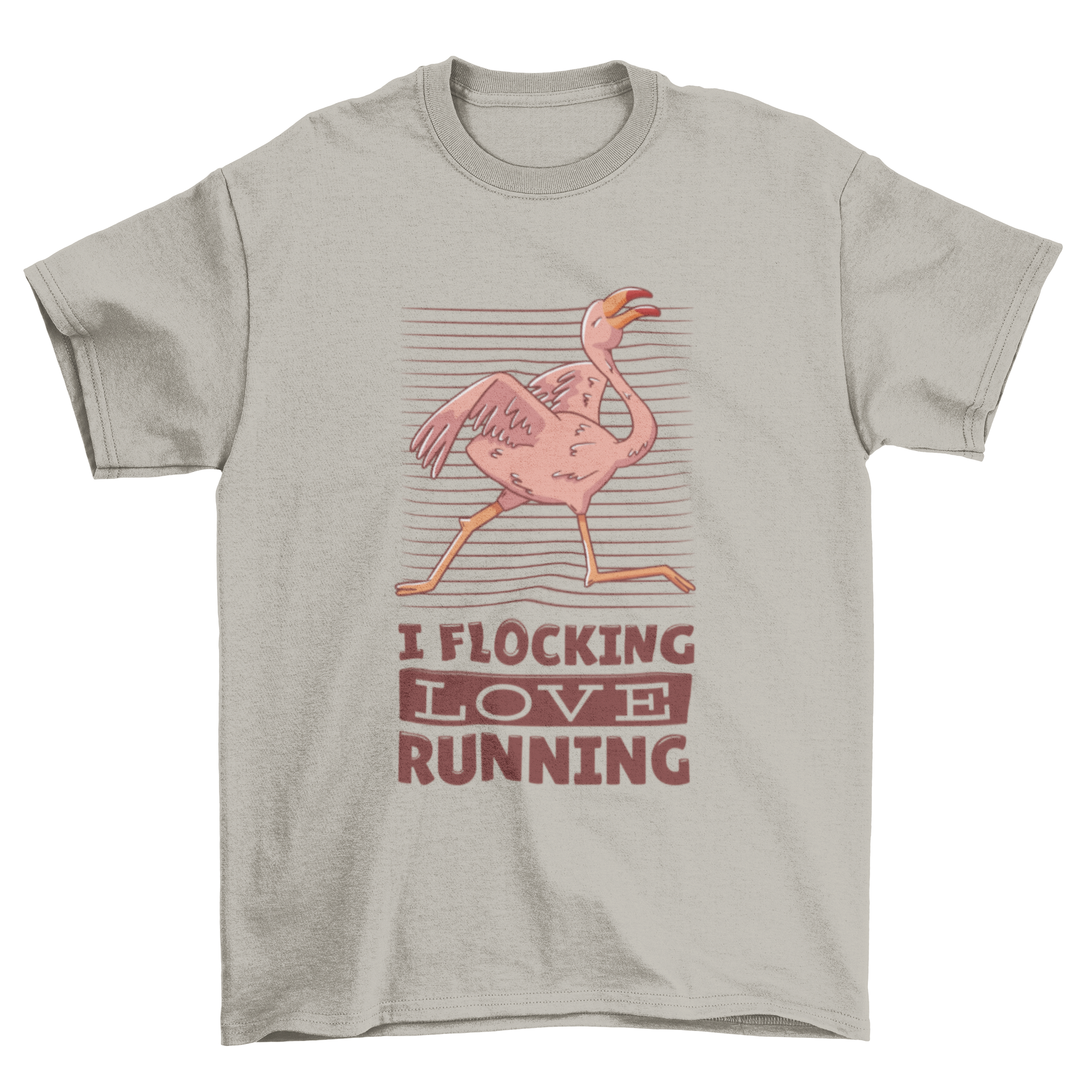 A vibrant T-shirt featuring a funny flamingo running with the quote 'I FLOCKING LOVE RUNNING' in bold letters.