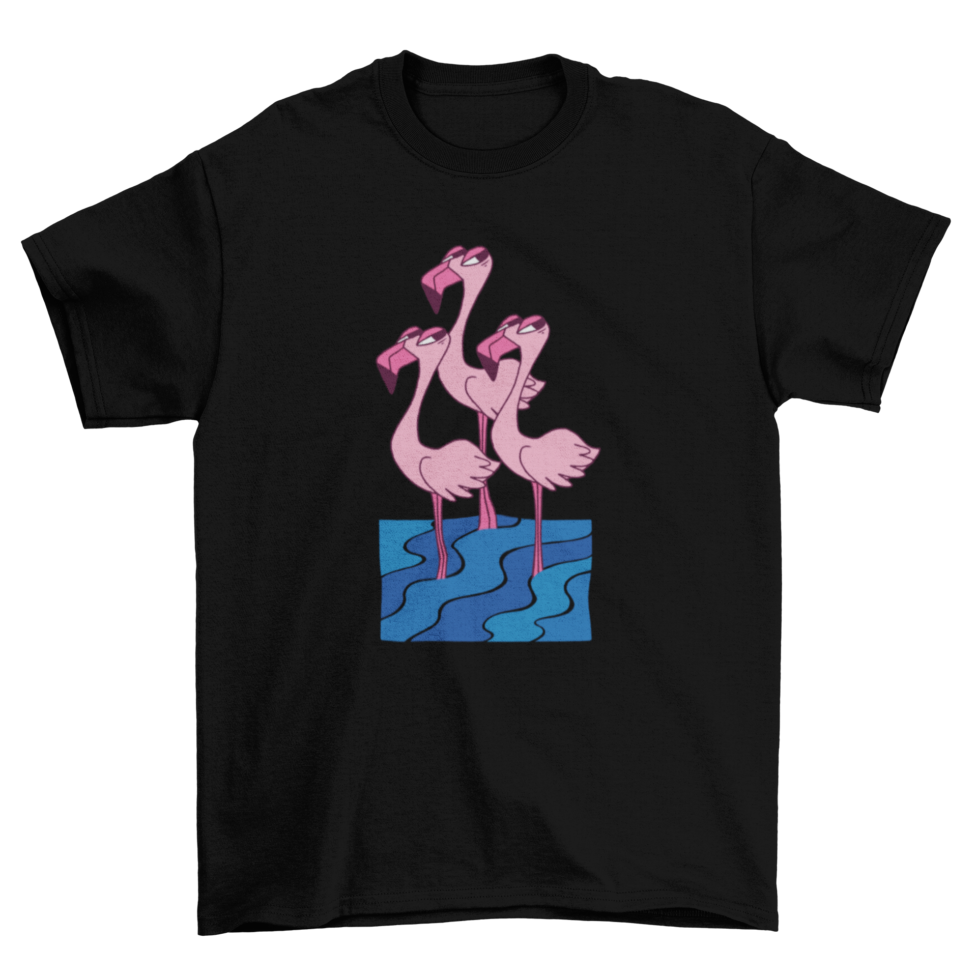 Flamingo Trio Side Eye T-Shirt featuring three flamingos in water, looking sideways.