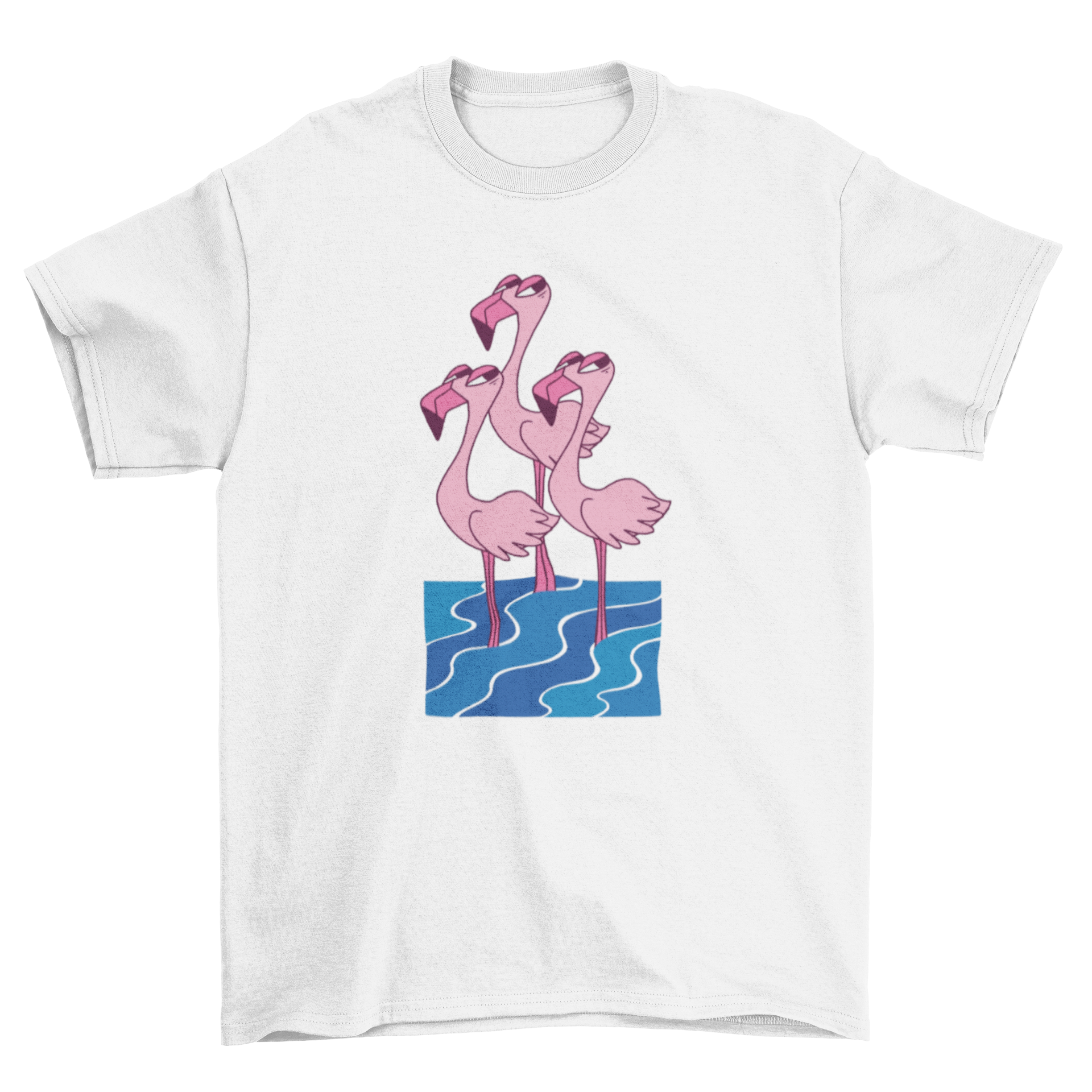 Flamingo Trio Side Eye T-Shirt featuring three flamingos in water, looking sideways.