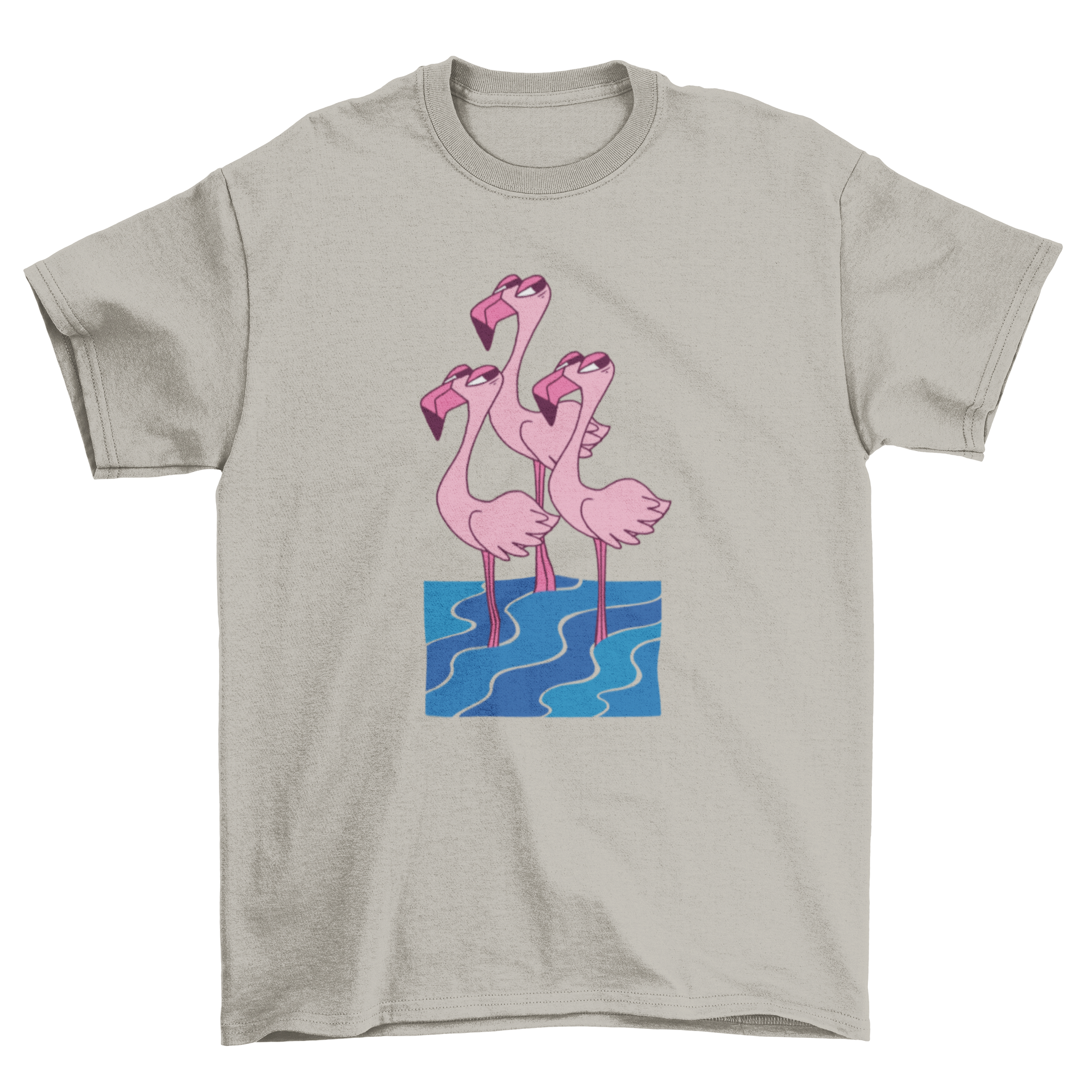 Flamingo Trio Side Eye T-Shirt featuring three flamingos in water, looking sideways.