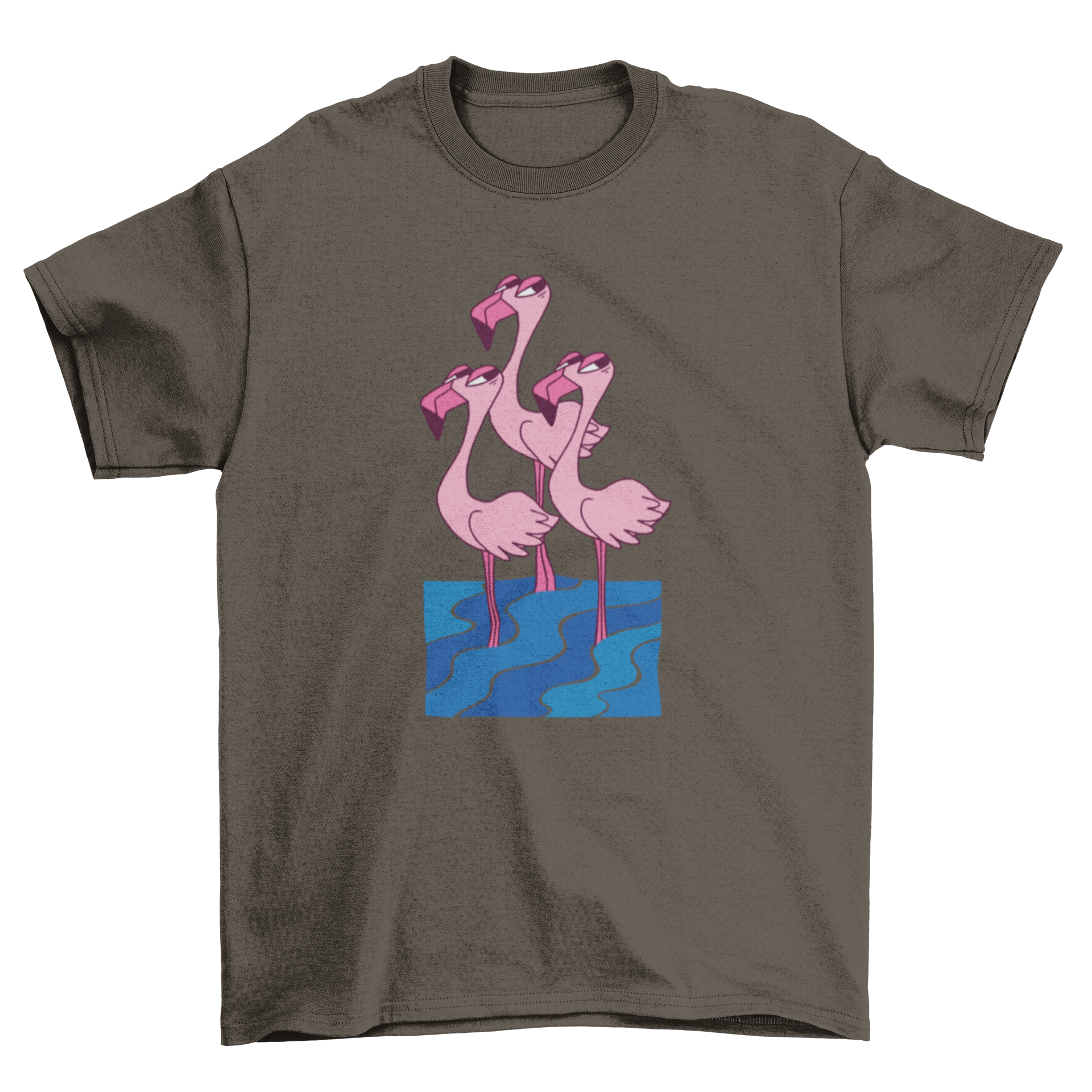 Flamingo Trio Side Eye T-Shirt featuring three flamingos in water, looking sideways.