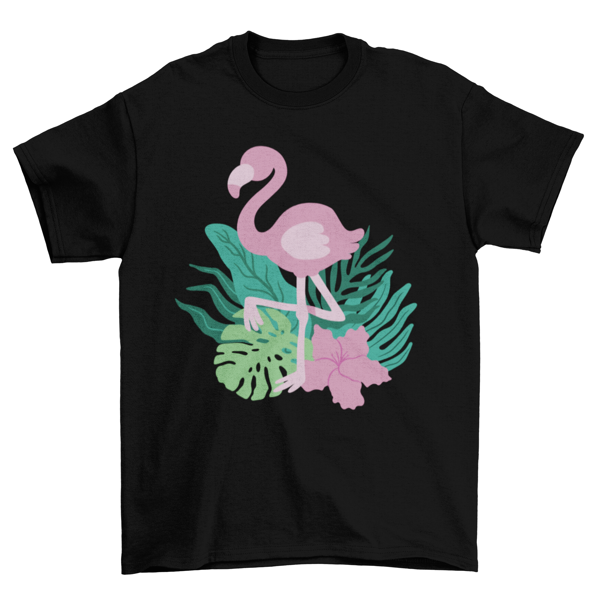 A stylish t-shirt featuring a vibrant flamingo surrounded by tropical leaves, perfect for summer wear.