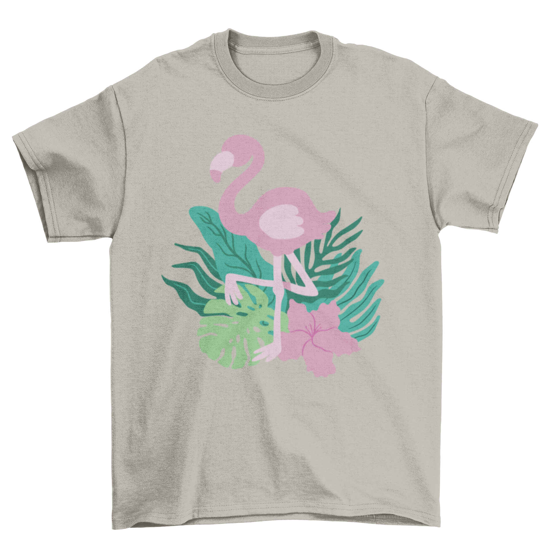 A stylish t-shirt featuring a vibrant flamingo surrounded by tropical leaves, perfect for summer wear.