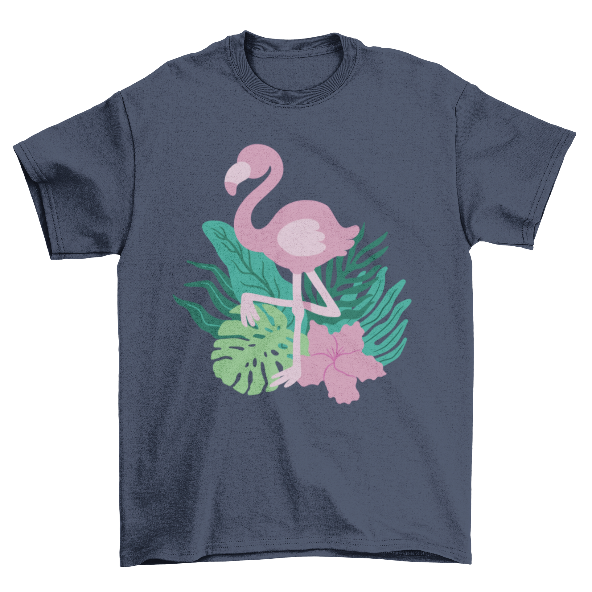 A stylish t-shirt featuring a vibrant flamingo surrounded by tropical leaves, perfect for summer wear.