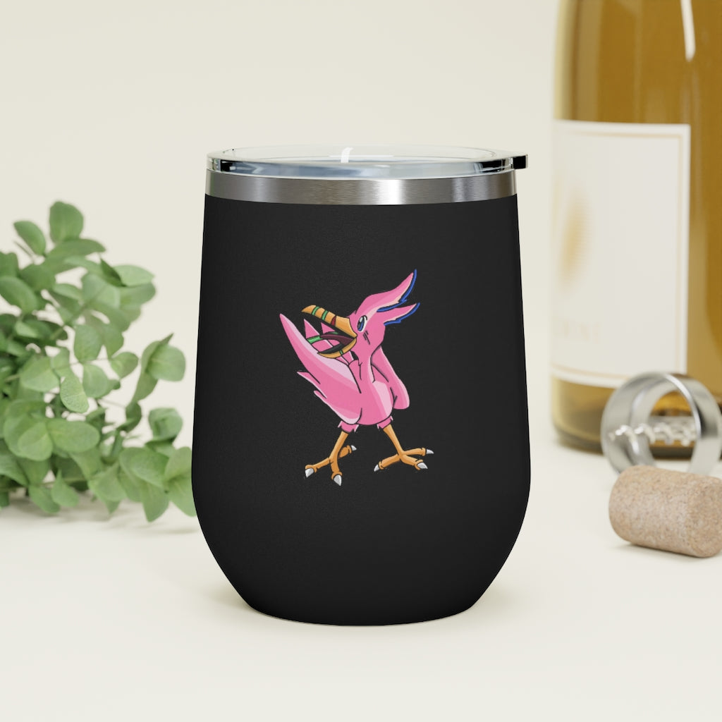 Flarem 12oz Insulated Wine Tumbler in stainless steel with a clear plastic lid, showcasing a stylish and modern design.