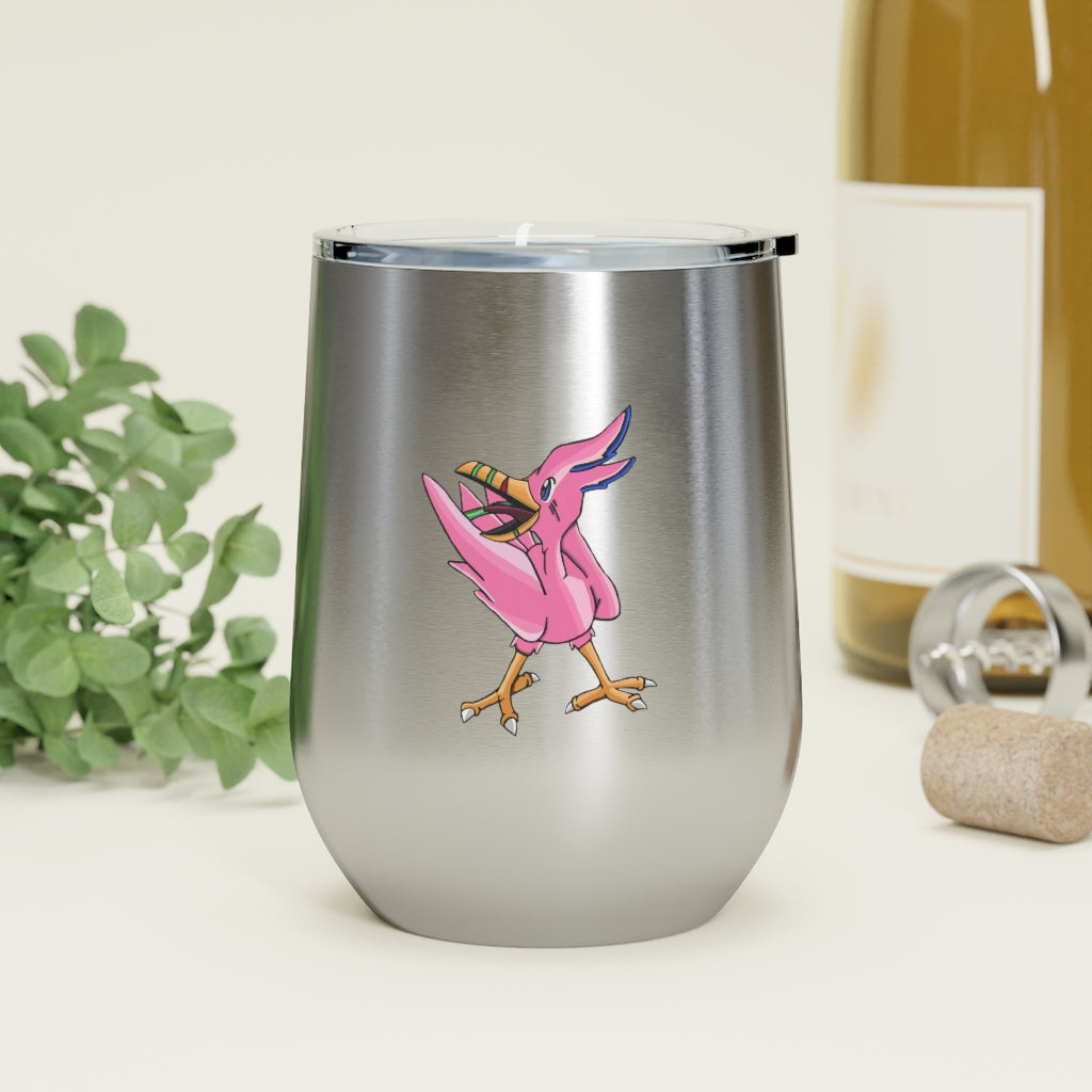 Flarem 12oz Insulated Wine Tumbler in stainless steel with a clear plastic lid, showcasing a stylish and modern design.