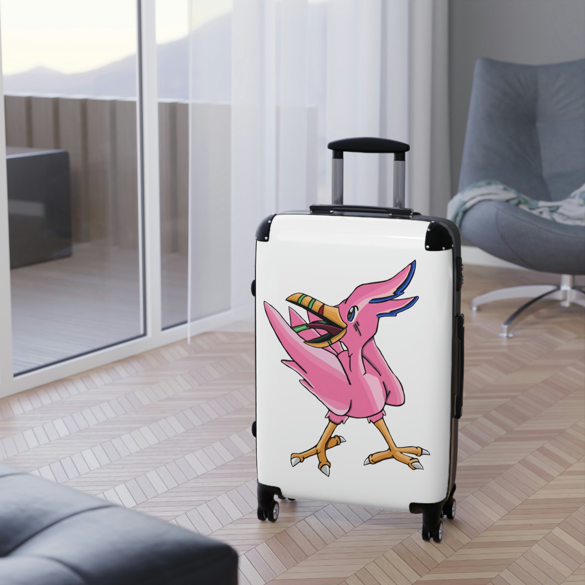 Flarem Cabin Suitcase featuring a personalized design, lightweight polycarbonate front, and ABS back, with adjustable handle and 360° swivel wheels.