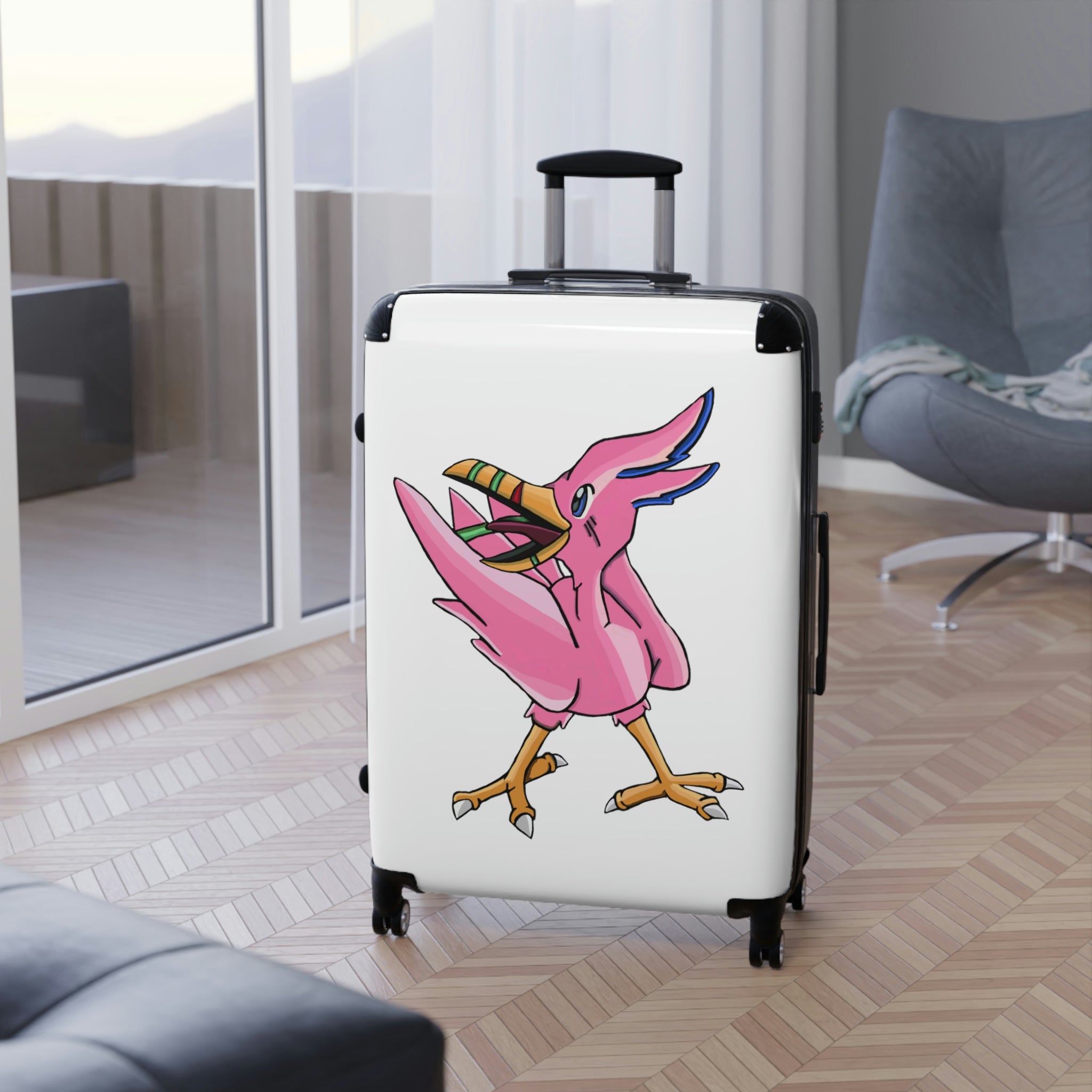 Flarem Cabin Suitcase featuring a personalized design, lightweight polycarbonate front, and ABS back, with adjustable handle and 360° swivel wheels.