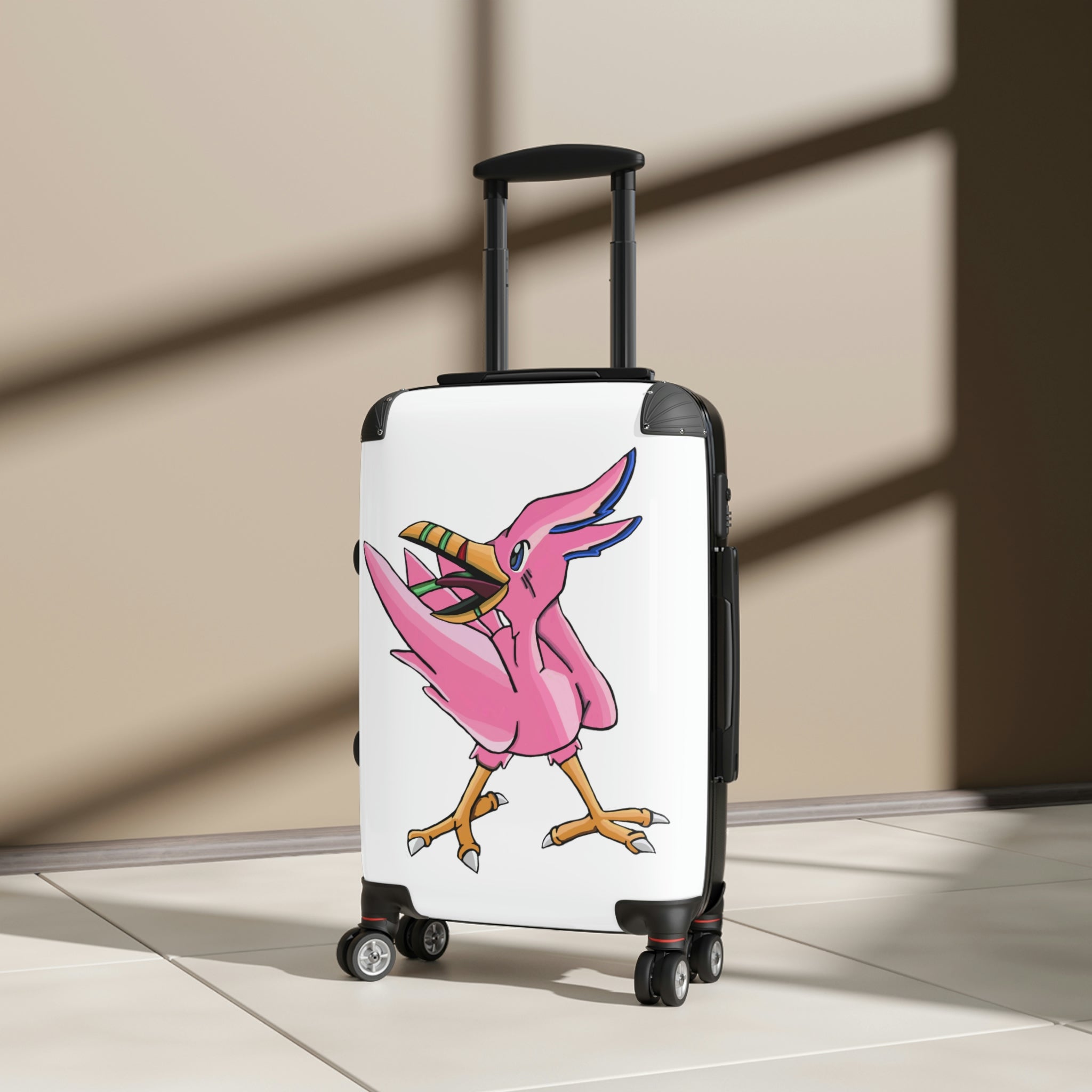 Flarem Cabin Suitcase featuring a personalized design, lightweight polycarbonate front, and ABS back, with adjustable handle and 360° swivel wheels.